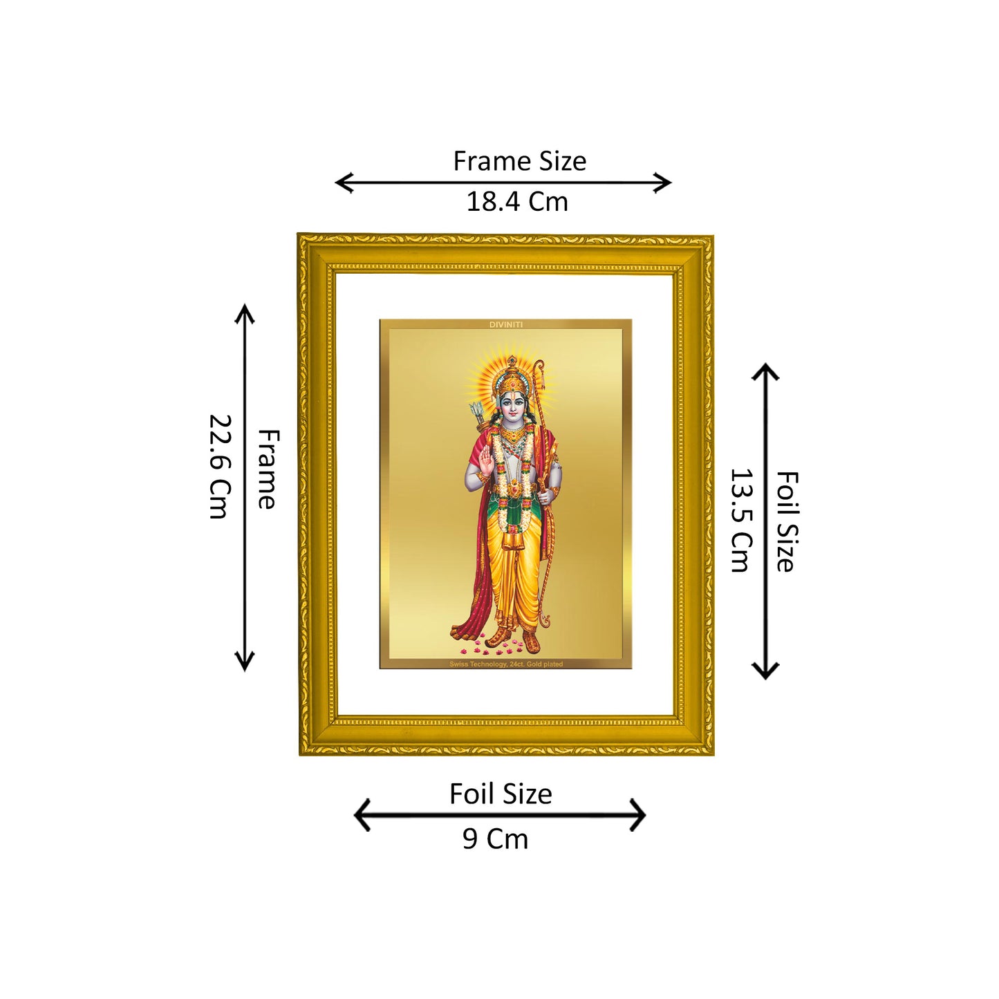 DIVINITI 24K Gold Plated Lord Shri Ram Photo Frame Idol for Home Wall Decor, Workshop, Table Top, Premium Gift|DG101 Size 2 (22.6x18.4 CM)