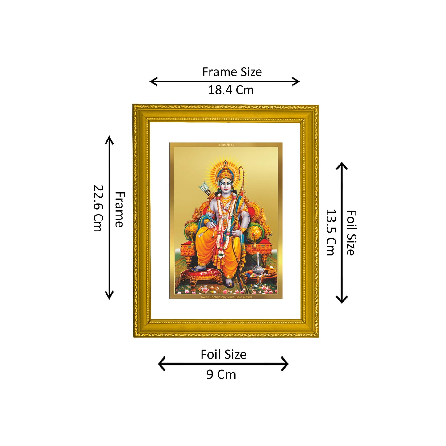 DIVINITI 24K Gold Plated Shri Ram Elegant Photo Frame Idol for Puja Room, Home Wall Decor, Workshop, Table Top, Premium Gift|DG101 Size 2 (22.6x18.4 CM)