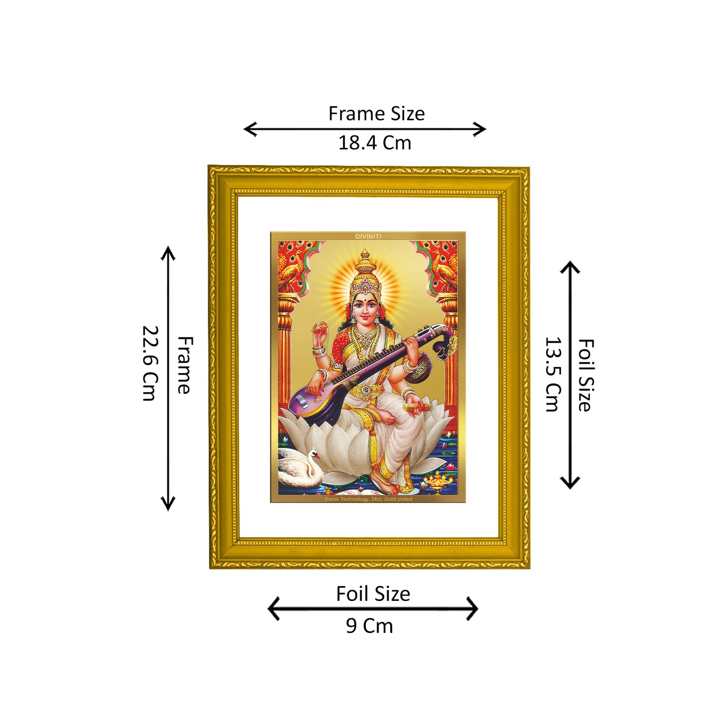 DIVINITI 24K Gold Plated Foil Saraswati Mata Photo Frame Idol for Wall Hanging, Puja Room, Workshop, Home Decor, Gift|DG101 Size 2 (22.6x18.4 CM)