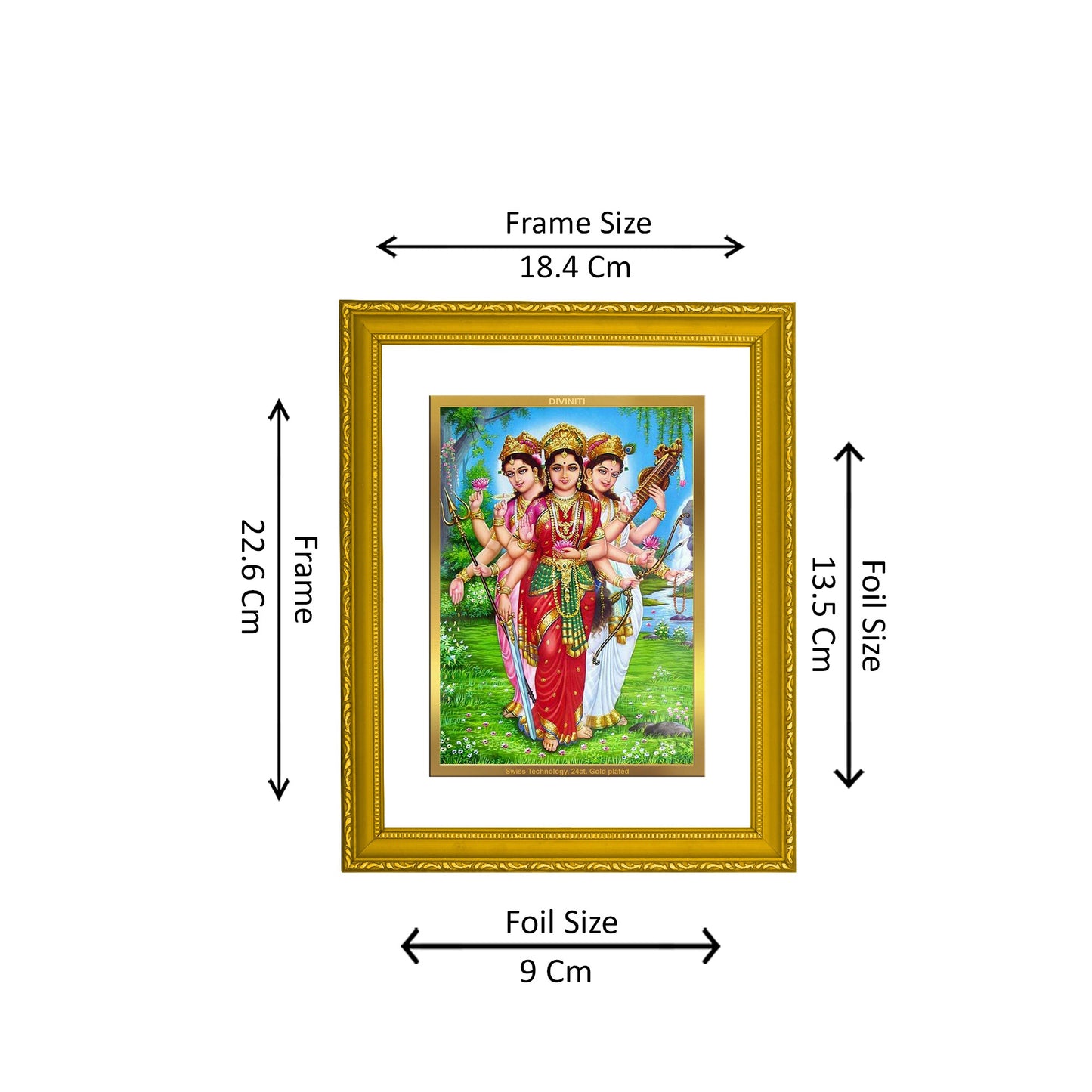 DIVINITI 24K Gold Plated Teen Devi Religious Photo Frame Idol for Home & Office Decor, Wall Hanging, Workshop, Table Top, Gift|DG101 Size 2 (22.6x18.4 CM)