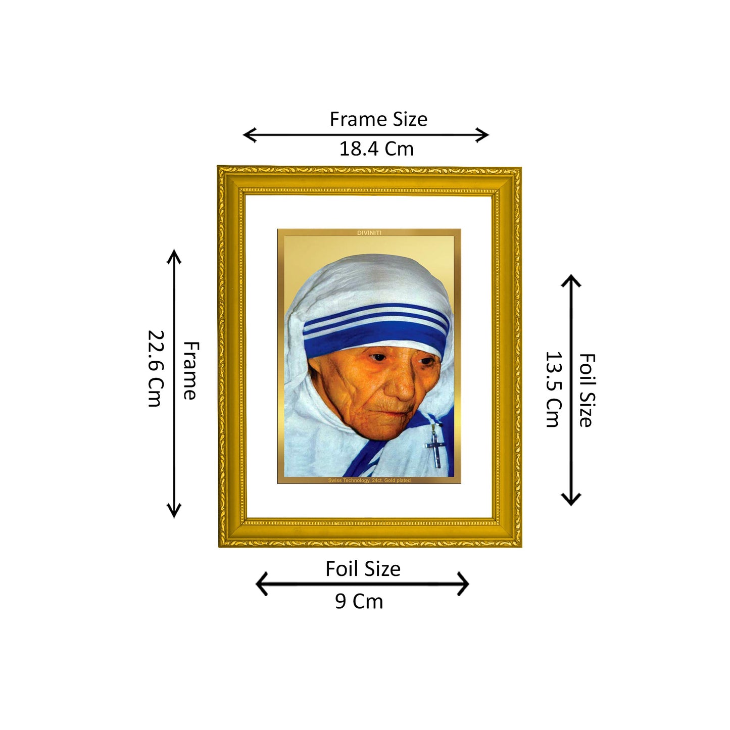 DIVINITI 24K Gold Plated Mother Teresa Wooden Exquisite Photo Frame Idol for Wall Hanging, Table Top, Home Decor, Workshop, Gift Item | DG101 Size 2 (22.6x18.4 CM)