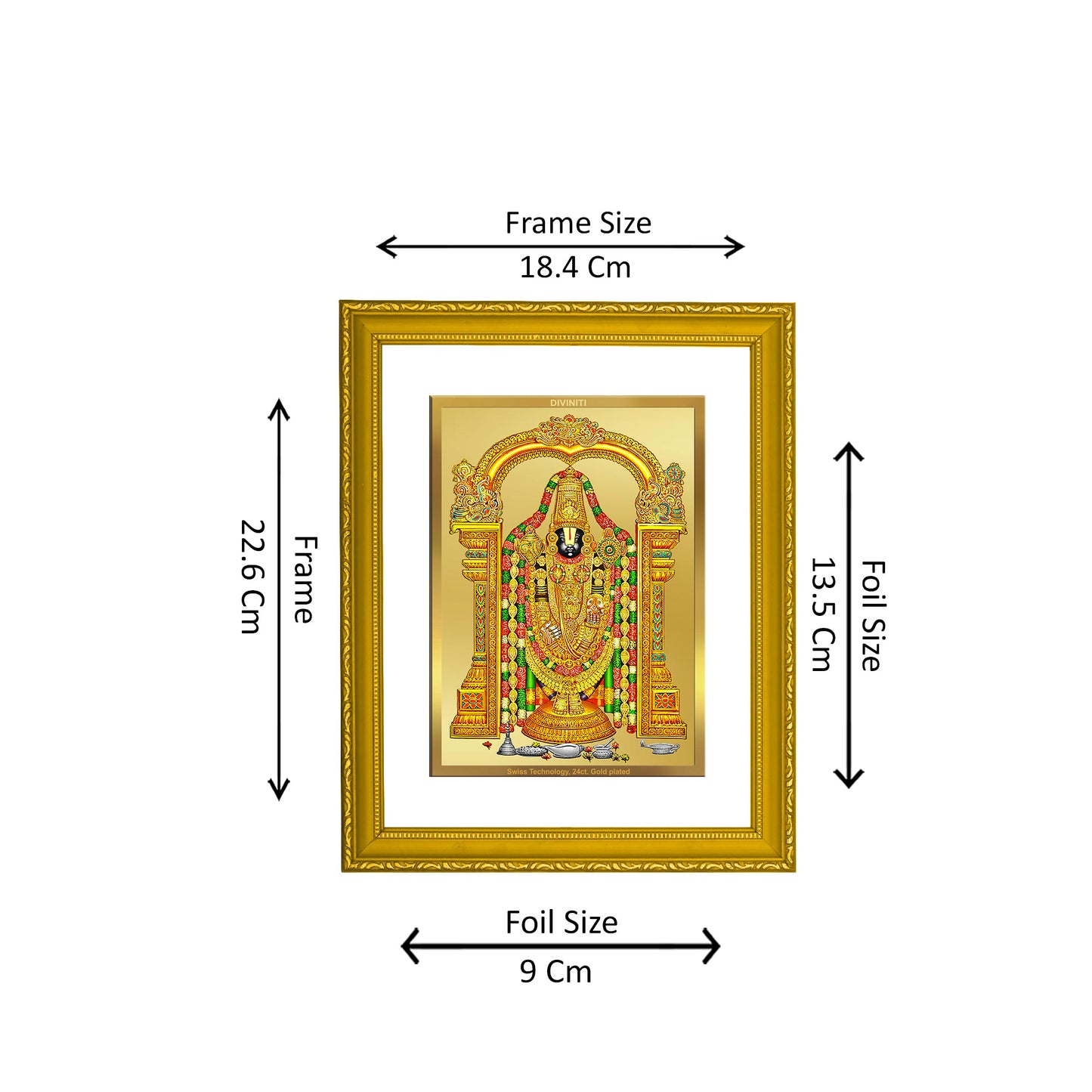 DIVINITI 24K Gold Plated Tirupati Balaji Wooden Photo Frame Idol for Home Wall Decor, Workshop, Table Top, Gift | DG101 Size 2 (22.6x18.4 CM)