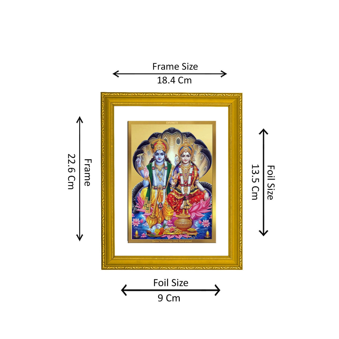 DIVINITI 24K Gold Plated Vishnu Laxmi Wooden Photo Frame Idol for Home & Office Decor, Wall Hanging, Workshop, Table Top, Gift | DG101 Size 2 (22.6x18.4 CM)