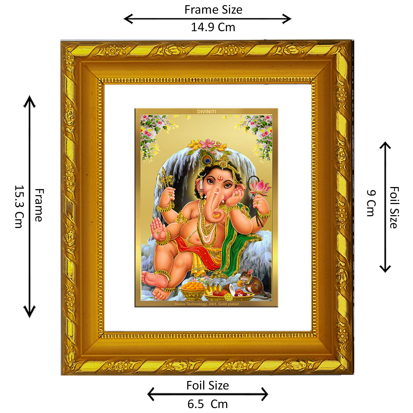 DIVINITI 24K Gold Plated Foil Bal Ganesha Photo Frame for Home Wall Decor, Festival Gift DG 103 Size 1 (15.3x14.9 CM)