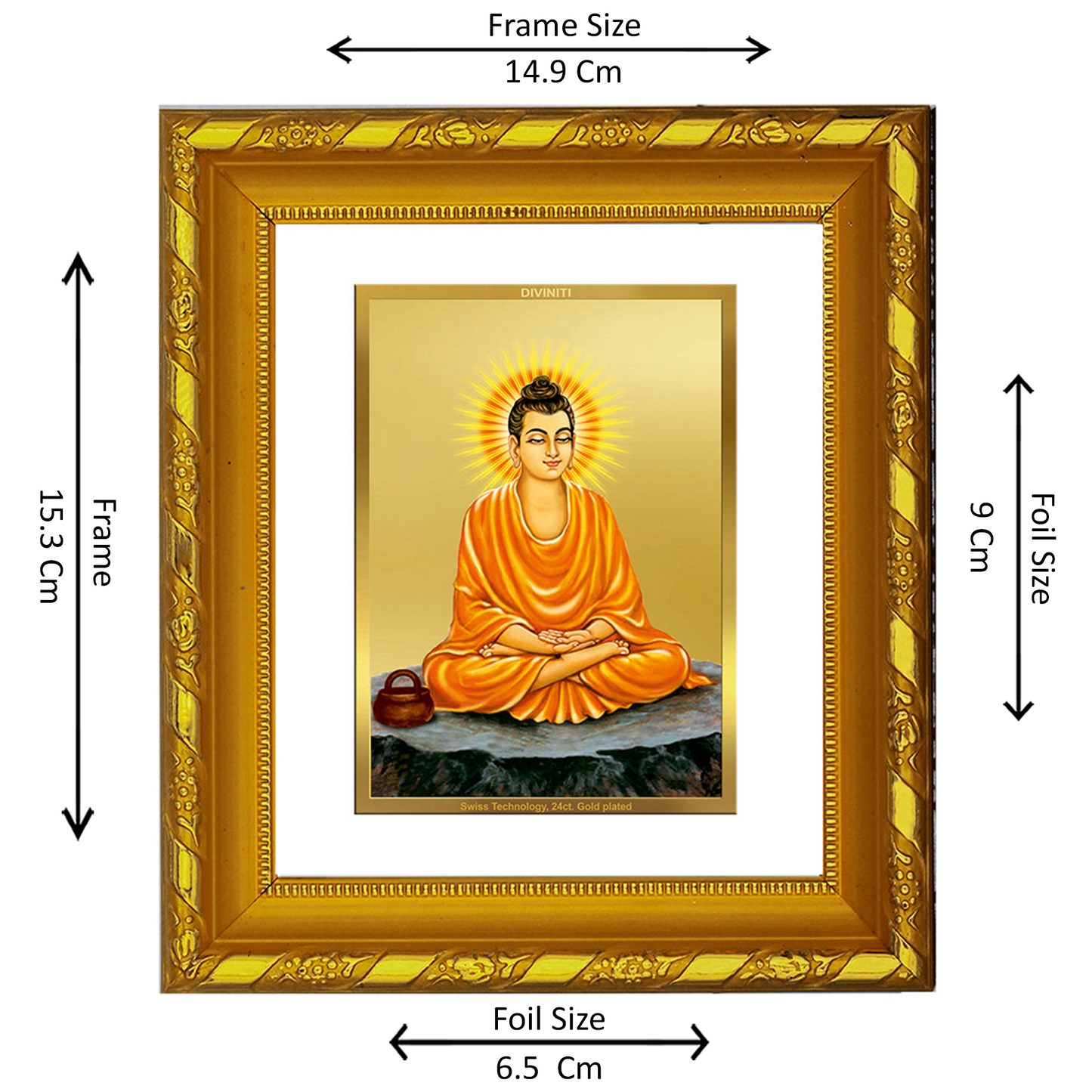 DIVINITI 24K Gold Plated Foil Buddha Religious Photo Frame for Home Decor, Office, TableTop DG 103 Size 1 (15.3x14.9 CM)