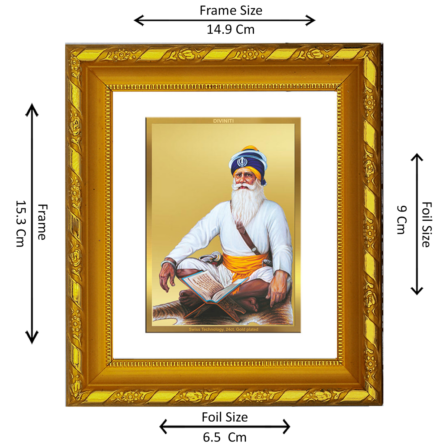 DIVINITI 24K Gold Plated Foil Baba Deep Singh Photo Frame for Living Room, Festival Gift DG 103 Size 1 (15.3x14.9 CM)