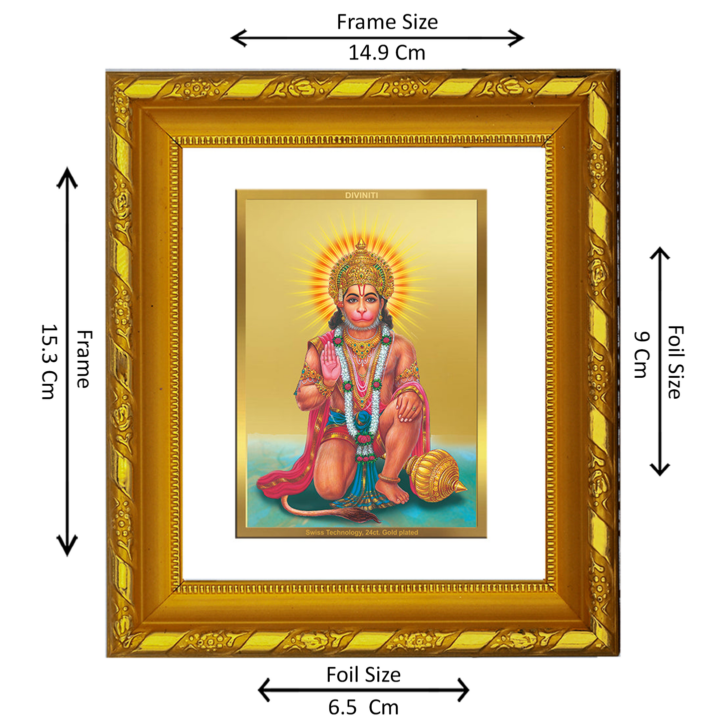 DIVINITI 24K Gold Plated Foil God Hanuman Photo Frame for Home Decor Showpiece, Puja, Festival DG 103 Size 1 (15.3x14.9 CM)