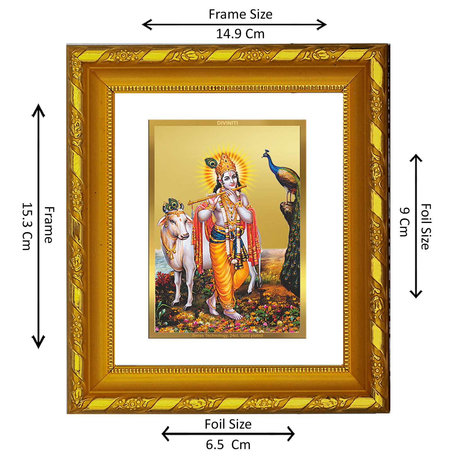 DIVINITI 24K Gold Plated Foil Lord Krishna Wall Photo Frame for Home Decor, Festival Gift DG 103 Size 1 (15.3x14.9 CM)