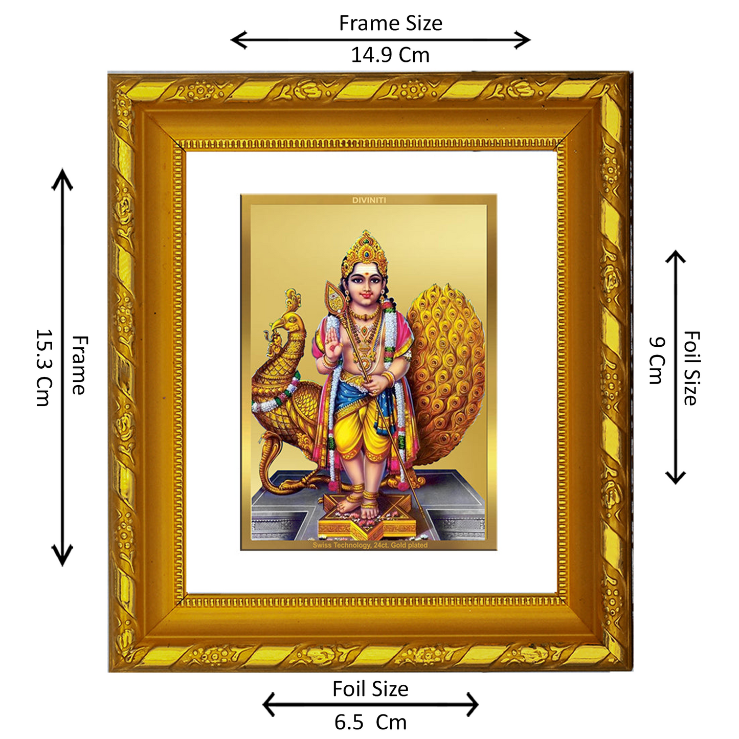 DIVINITI 24K Gold Plated Foil Karthikey Photo Frame for Home Wall Decor, Worship, Gift DG 103 Size 1 (15.3x14.9 CM)