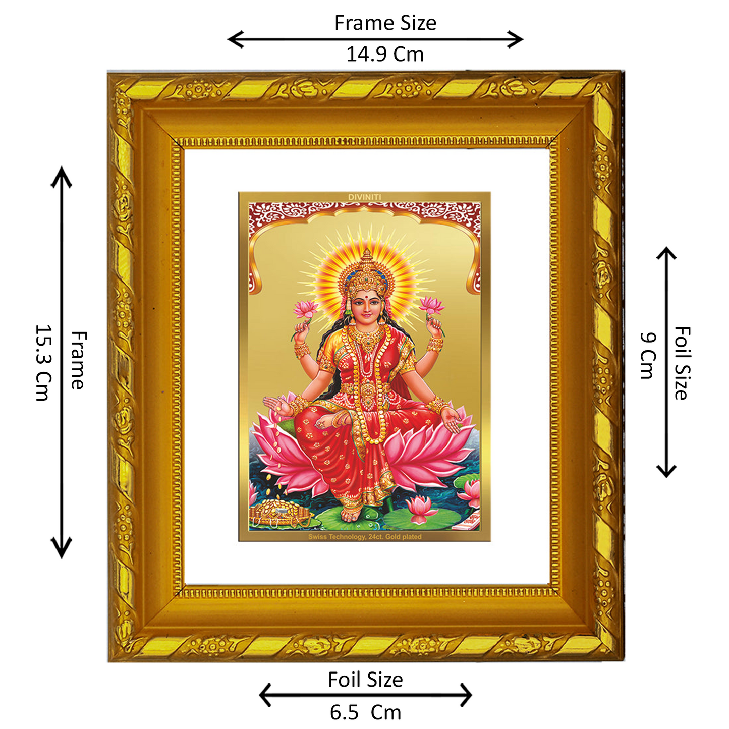 DIVINITI 24K Gold Plated Foil Lakshmi Mata Photo Frame for Home Decor, Worship, Wealth DG 103 Size 1 (15.3x14.9 CM)