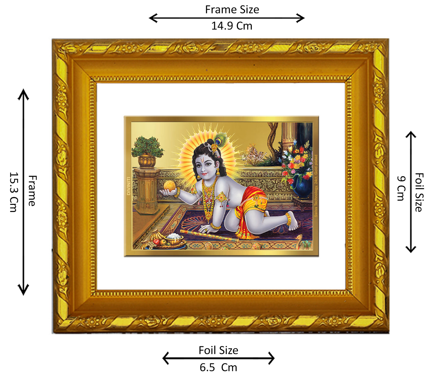 DIVINITI 24K Gold Plated Foil Laddu Gopal Photo Frame for Home Wall Decor, Housewarming DG 103 Size 1 (15.3x14.9 CM)