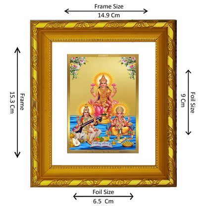 DIVINITI 24K Gold Plated Foil Lakshmi Ganesha Saraswati Photo Frame for Home Wall Decor, Puja DG 103 Size 1 (15.3x14.9 CM)