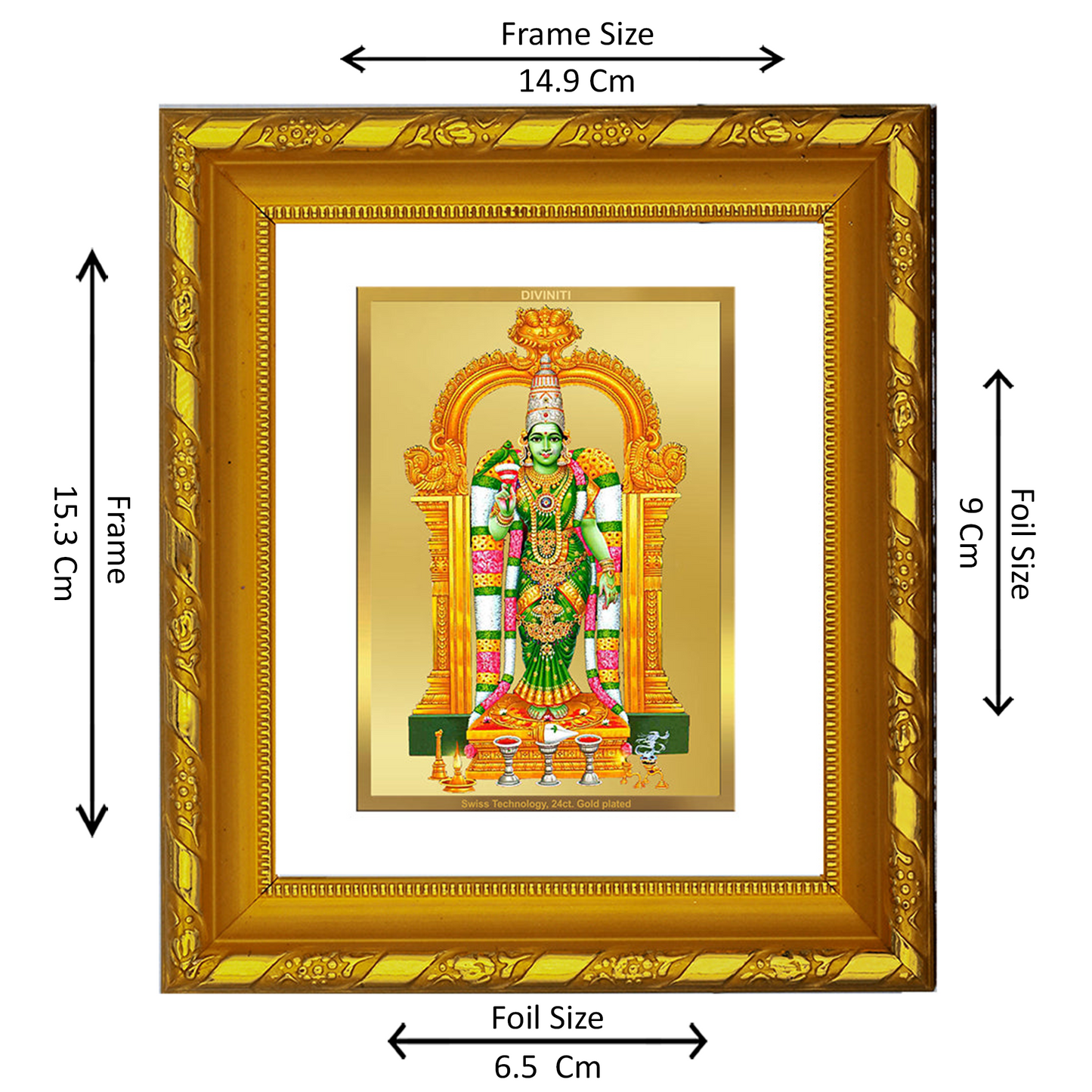 DIVINITI 24K Gold Plated Foil Meenakshi Religious Photo Frame for Living Room, Worship DG 103 Size 1 (15.3x14.9 CM)