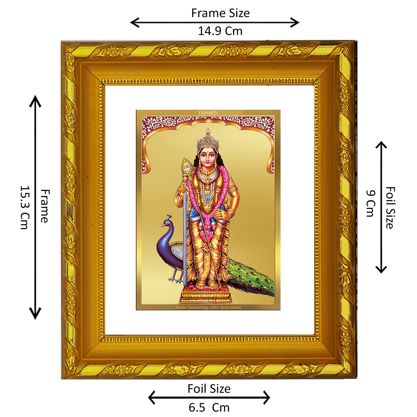 DIVINITI 24K Gold Plated Foil Murugan Photo Frame for Home Decor Showpiece, Prayer, Gift DG 103 Size 1 (15.3x14.9 CM)