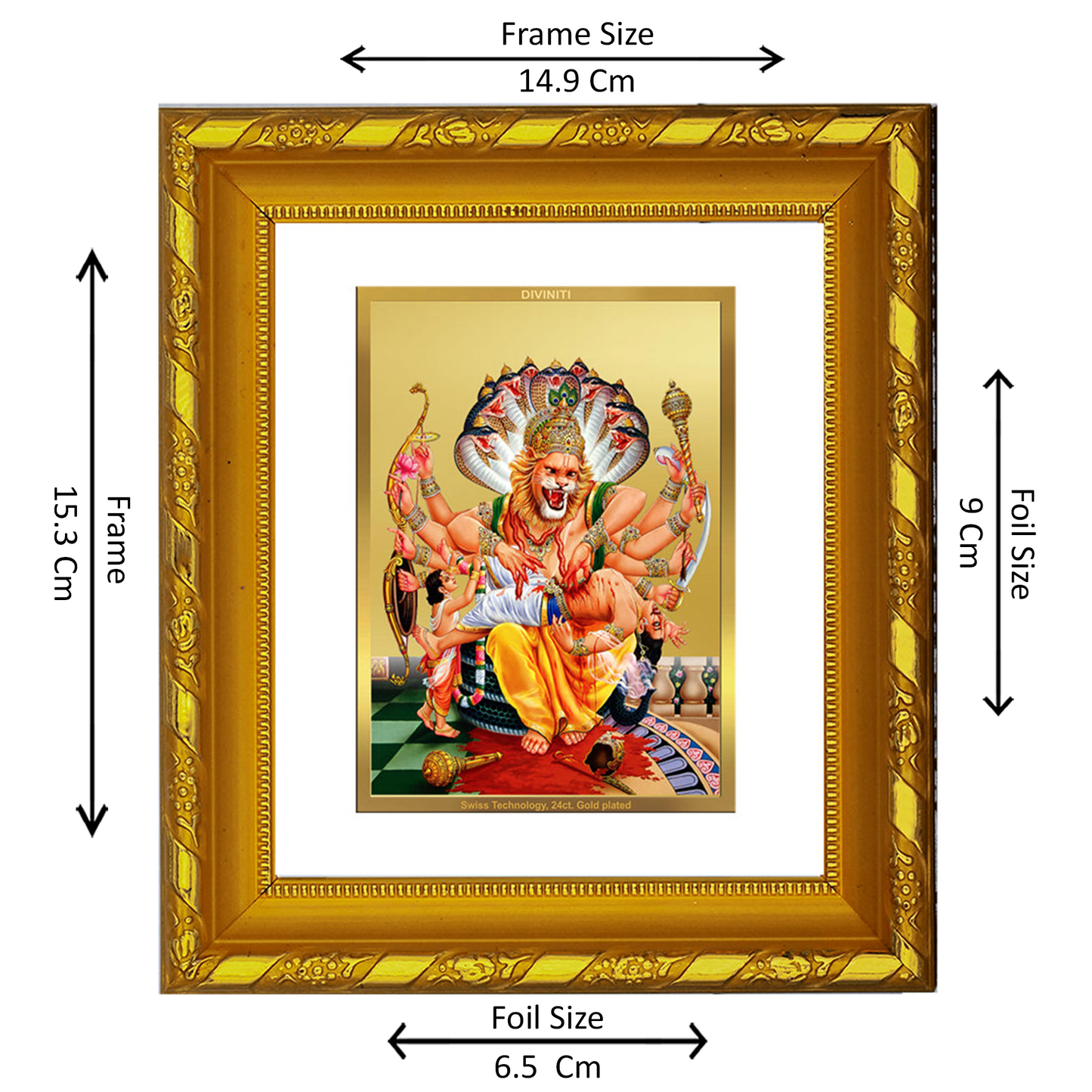 DIVINITI 24K Gold Plated Foil Narsimha Wall Photo Frame for Home Decor, TableTop, Puja DG 103 Size 1 (15.3x14.9 CM)