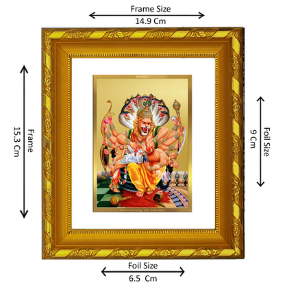 DIVINITI 24K Gold Plated Foil Narsimha Wall Photo Frame for Home Decor, TableTop, Puja DG 103 Size 1 (15.3x14.9 CM)