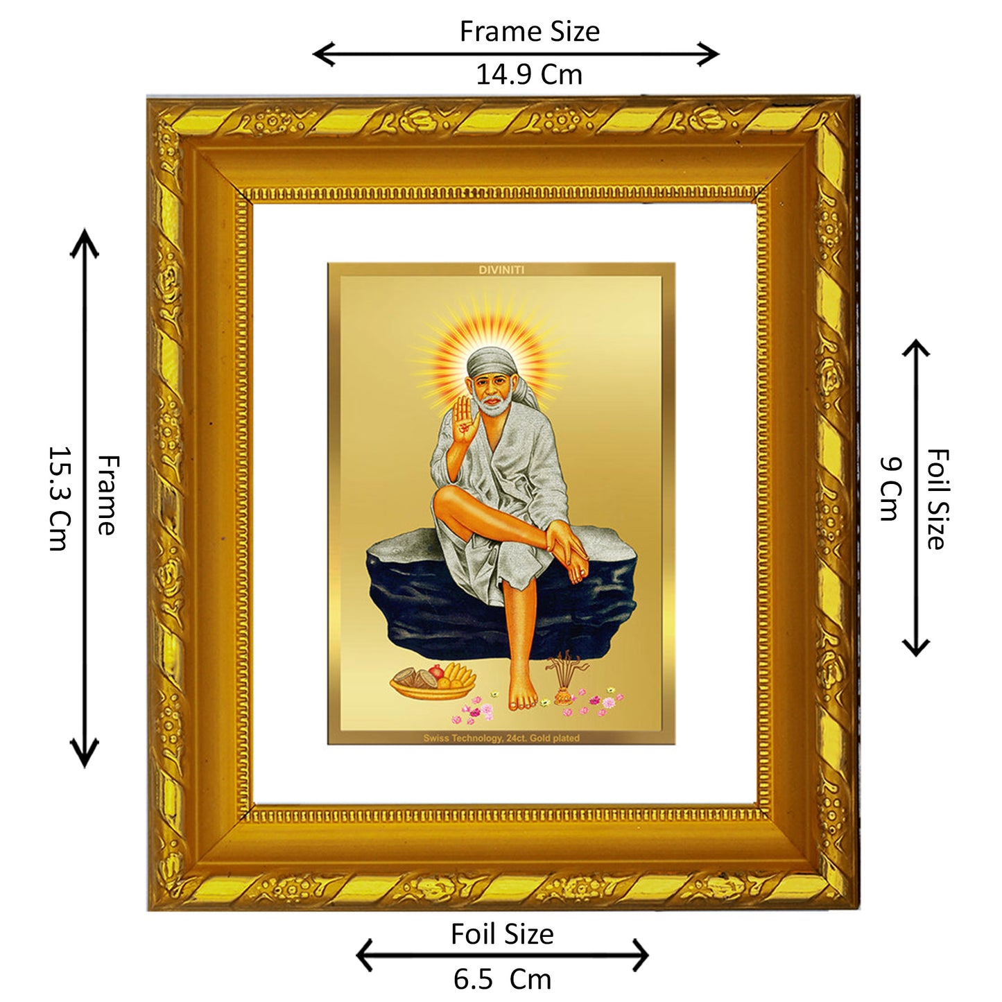 DIVINITI 24K Gold Plated Sai Baba Photo Frame For Home Wall Decor, TableTop, Prayer Room (15.0 X 13.0 CM)