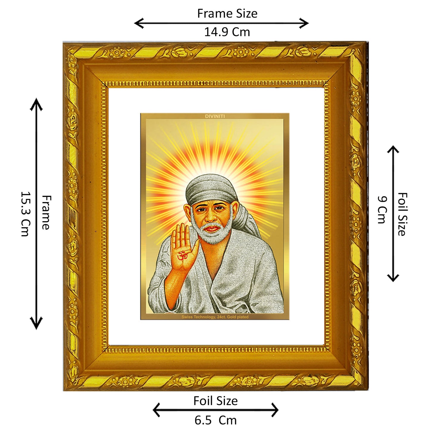 DIVINITI 24K Gold Plated Foil Sai Baba Photo Frame for Home Decor Showpiece, TableTop DG 103 Size 1 (15.3x14.9 CM)