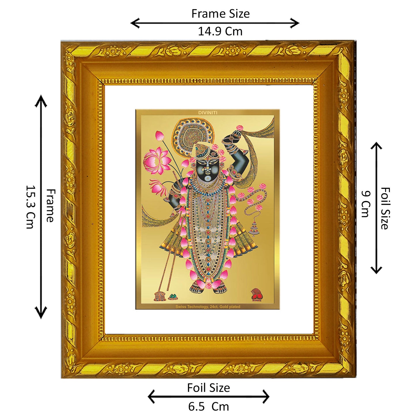 DIVINITI 24K Gold Plated Shrinathji Photo Frame For Home Decor, Living Room, Puja (15.0 X 13.0 CM)