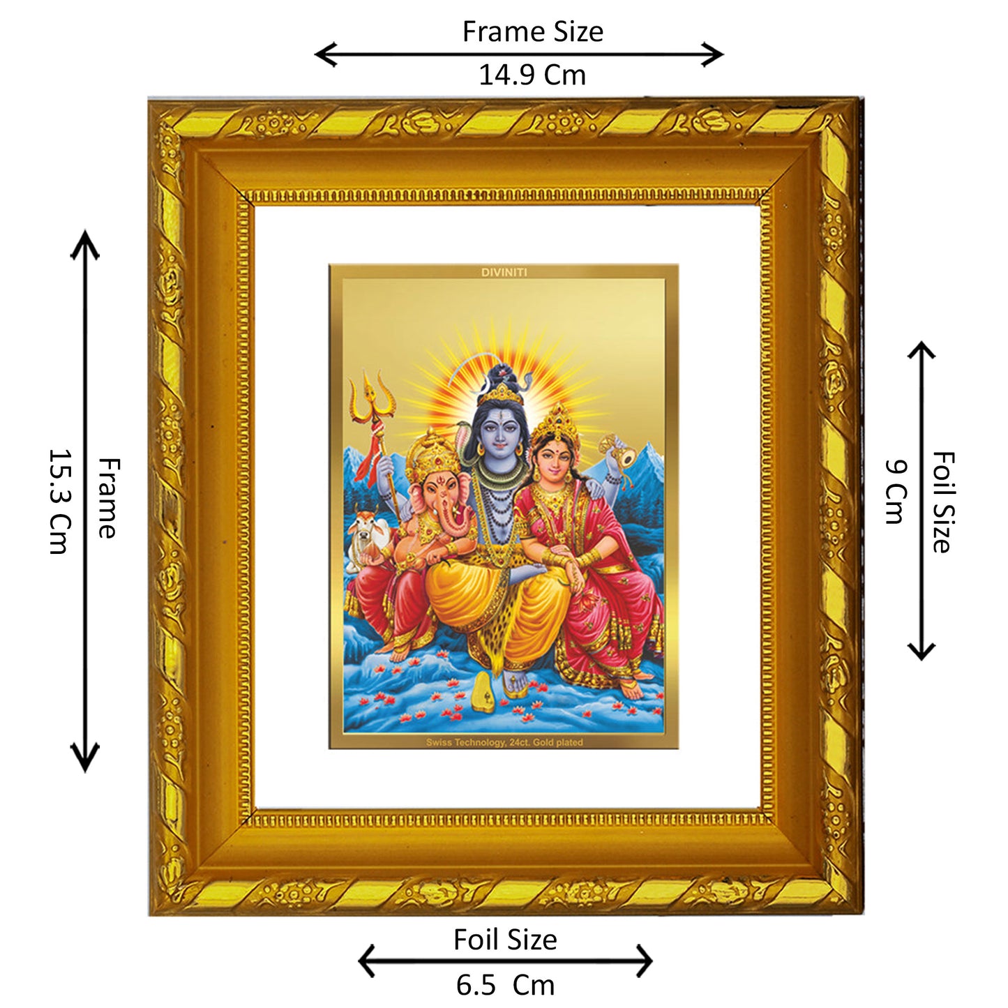 DIVINITI 24K Gold Plated Foil Shiv Parivar Religious Photo Frame for Home Decor, Tabletop DG 103 Size 1 (15.3x14.9 CM)