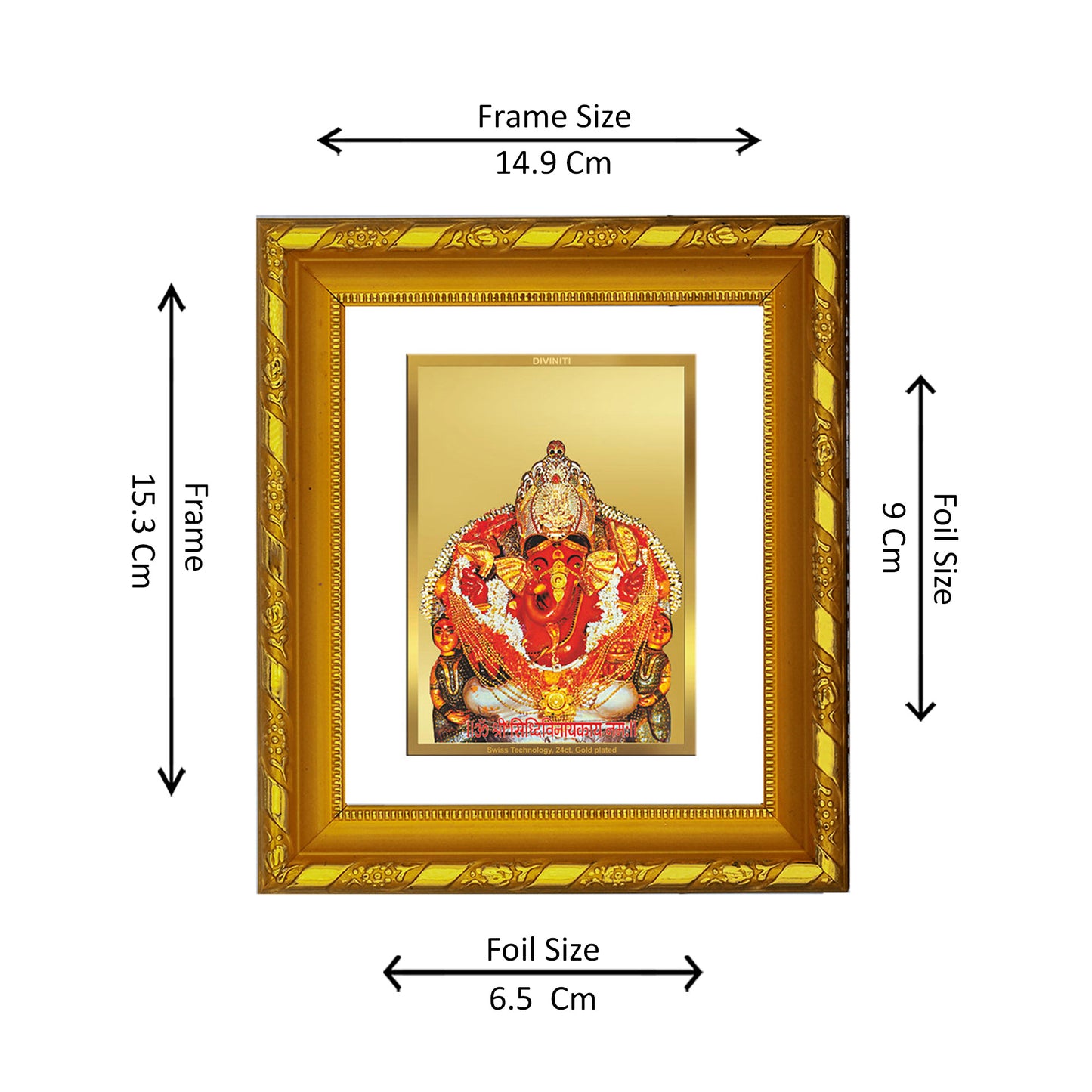 DIVINITI 24K Gold Plated Foil Siddhivinayak Photo Frame for Home Decor, Festive Gift, Puja DG 103 Size 1 (15.3x14.9 CM)