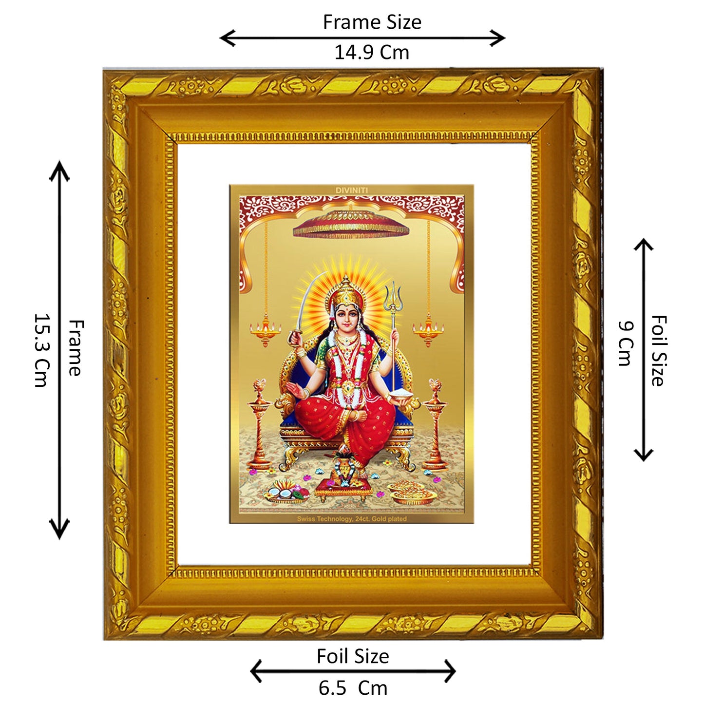 DIVINITI 24K Gold Plated Foil Santoshi Mata Photo Frame for Home Decor, TableTop, Housewarming DG 103 Size 1 (15.3x14.9 CM)