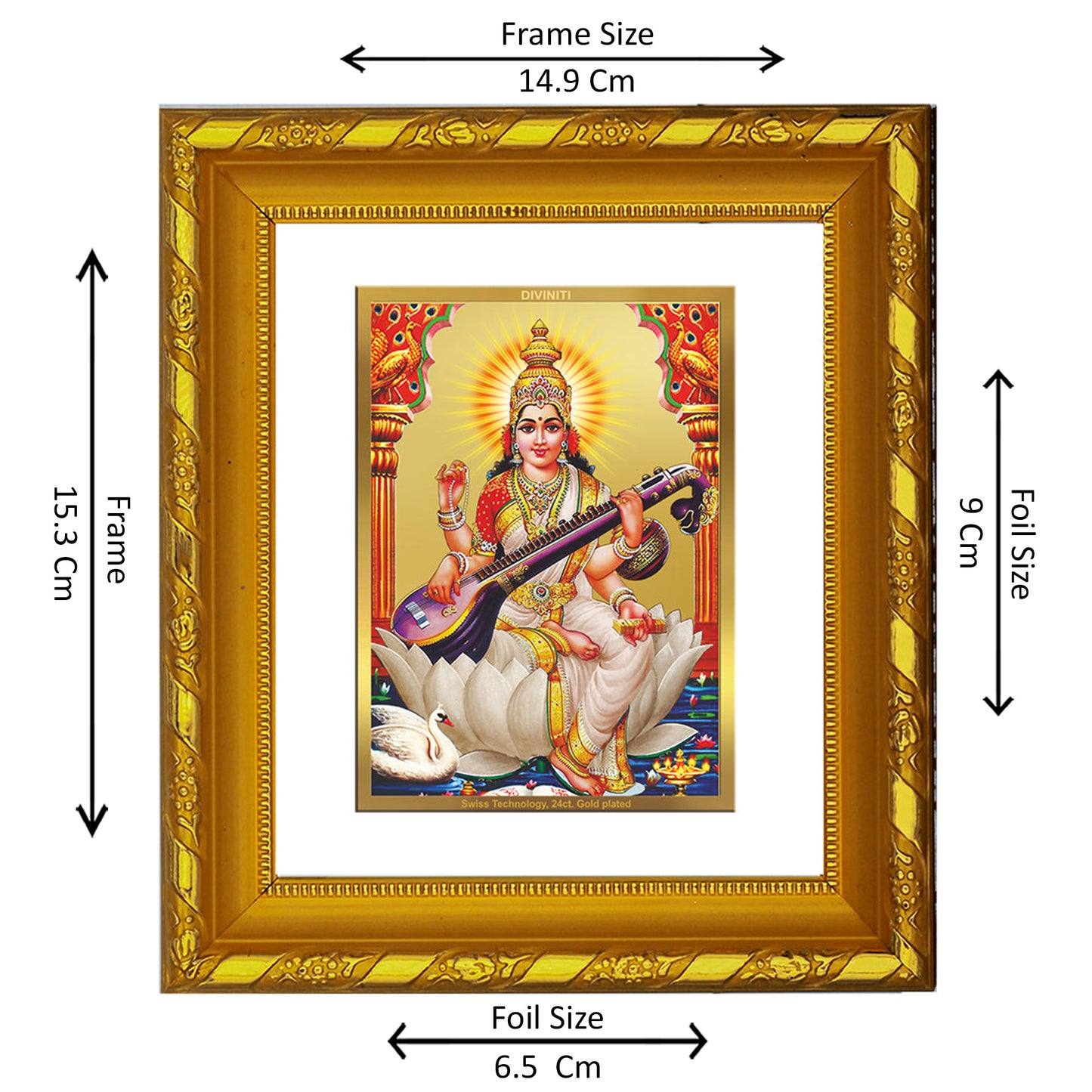 DIVINITI 24K Gold Plated Foil Saraswati Mata Wall Photo Frame for Home Decor, Office, Gift DG 103 Size 1 (15.3x14.9 CM)