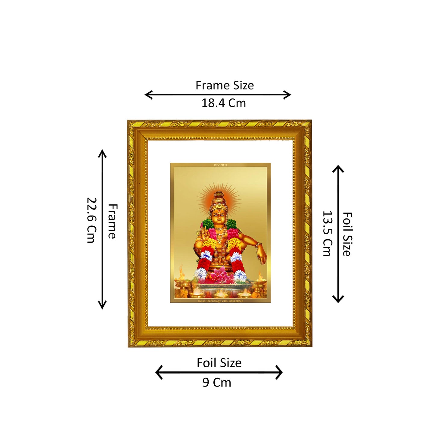 DIVINITI 24K Gold Plated Foil Ayyappan Wooden Religious Photo Frame Idol for Home Decor, Puja Room, Table Top, Wall Hanging, Workshop, Luxurious Gift | DG103 Size 2 (22.6x18.4 CM)