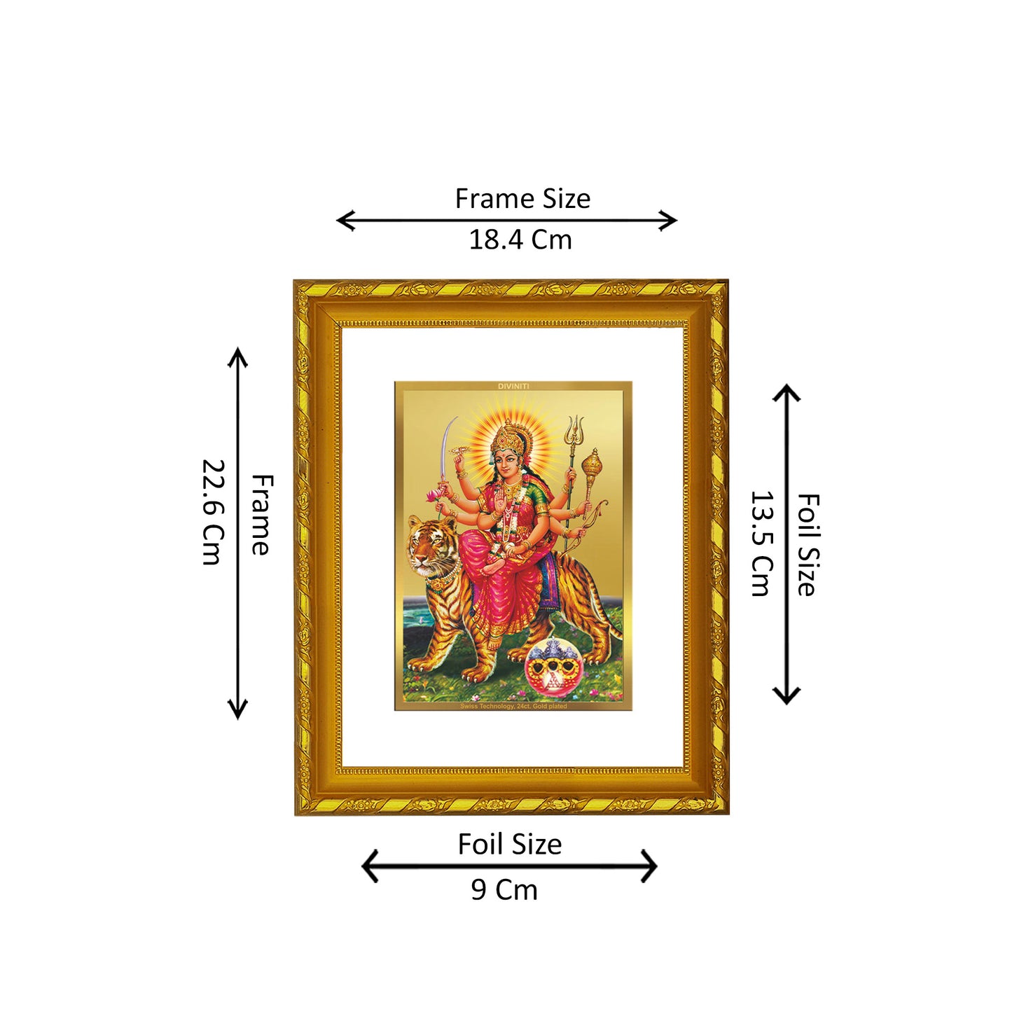 DIVINITI 24K Gold Plated Foil Durga Wooden Photo Frame for Wall Hanging, Workshop, Table Top, Home Decor, Luxury Gift | DG103 Size 2 (22.6x18.4 CM)