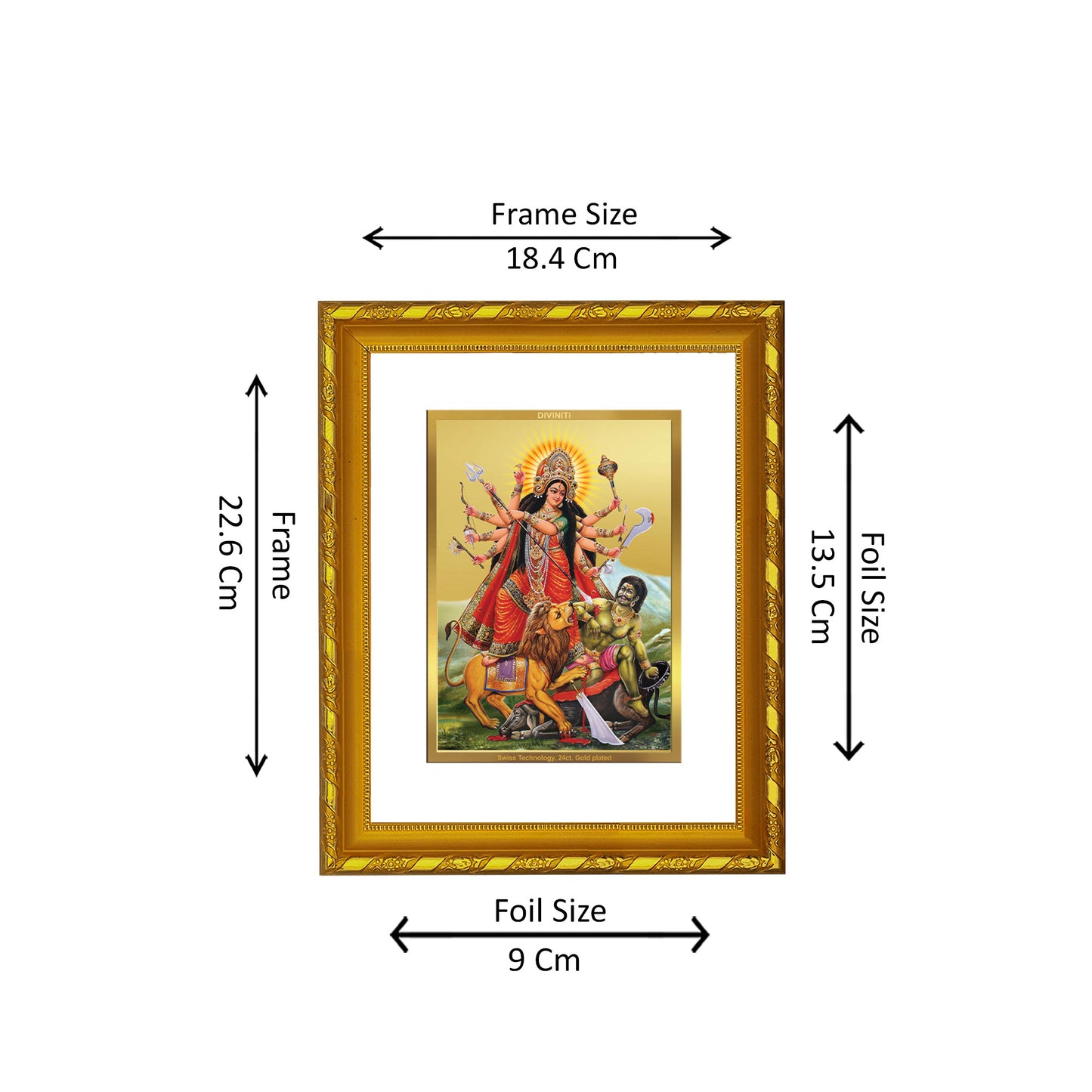 DIVINITI 24K Gold Plated Foil Durga Photo Frame for Home & Office Decor, Wall Hanging, Workshop, Table Top, Gift|DG103 Size 2 (22.6x18.4 CM)