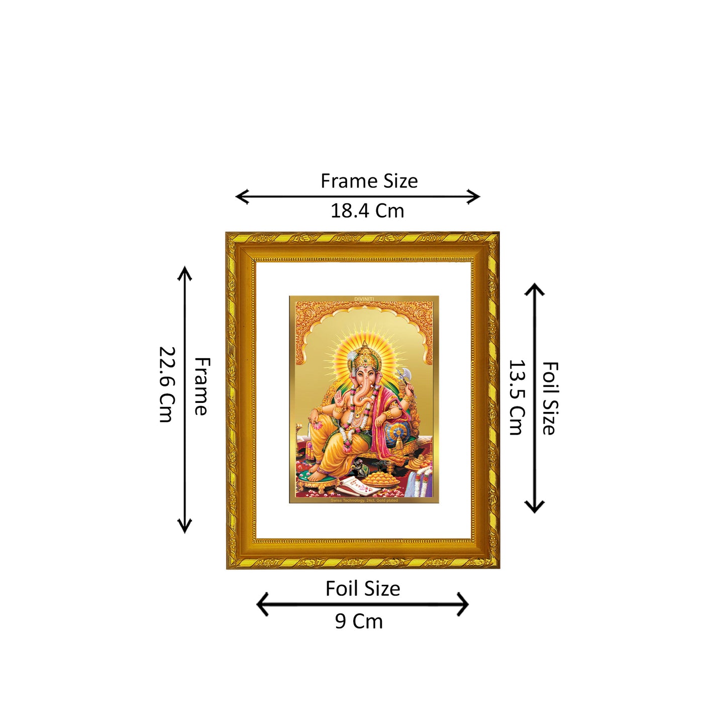 DIVINITI 24K Gold Plated Foil Ganesha Photo Frame Idol for Home & Office Decor, Wall Hanging, Workshop, Table Top, Gift|DG103 Size 2 (22.6x18.4 CM)