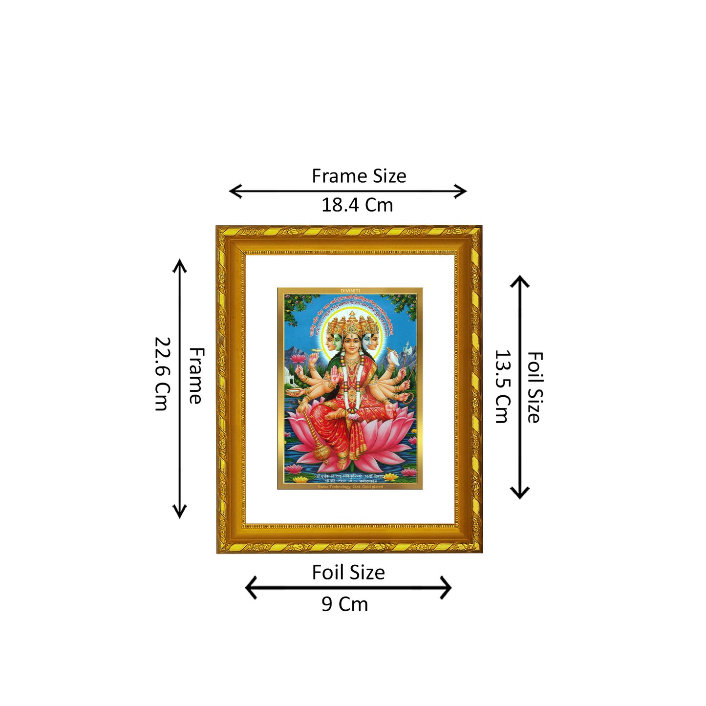 DIVINITI 24K Gold Plated Goddess Gayatri Photo Frame for Home Decor, Puja Room, Table Top, Wall Hanging, Workshop, Gift|DG103 Size 2 (22.6x18.4 CM)