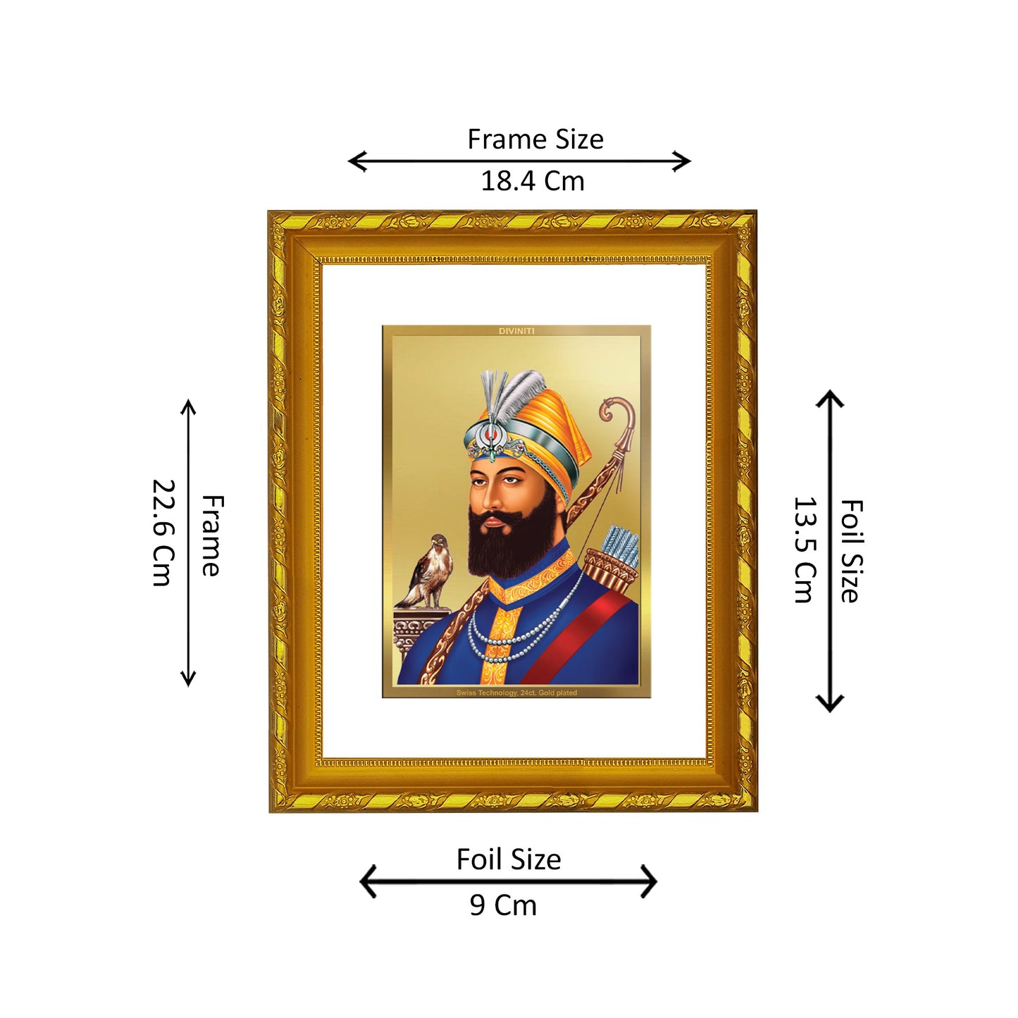 DIVINITI 24K Gold Plated Foil Guru Gobind Singh Photo Frame for Home Wall Decor, Workshop, Table Top, Gift|DG103 Size 2 (22.6x18.4 CM)