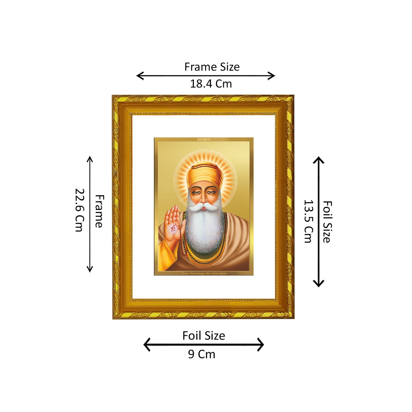 DIVINITI 24K Gold Plated Foil Guru Nanak Photo Frame for Home & Office Decor, Wall Hanging, Workshop, Table Top, Gift|DG103 Size 2 (22.6x18.4 CM)