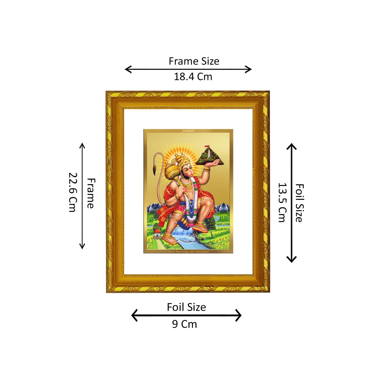 DIVINITI 24K Gold Plated Foil Lord Hanuman Photo Frame Idol for Wall Hanging, Workshop, Table Top, Home Decor, Gift|DG103 Size 2 (22.6x18.4 CM)