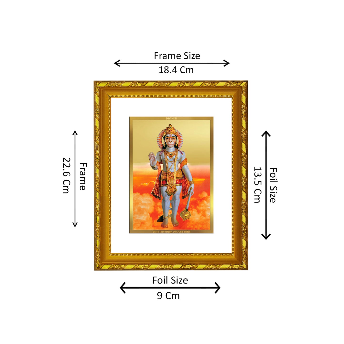 DIVINITI 24K Gold Plated Foil Lord Hanuman Photo Frame Idol for Home Wall Decor, Workshop, Table Top, Gift|DG103 Size 2 (22.6x18.4 CM)