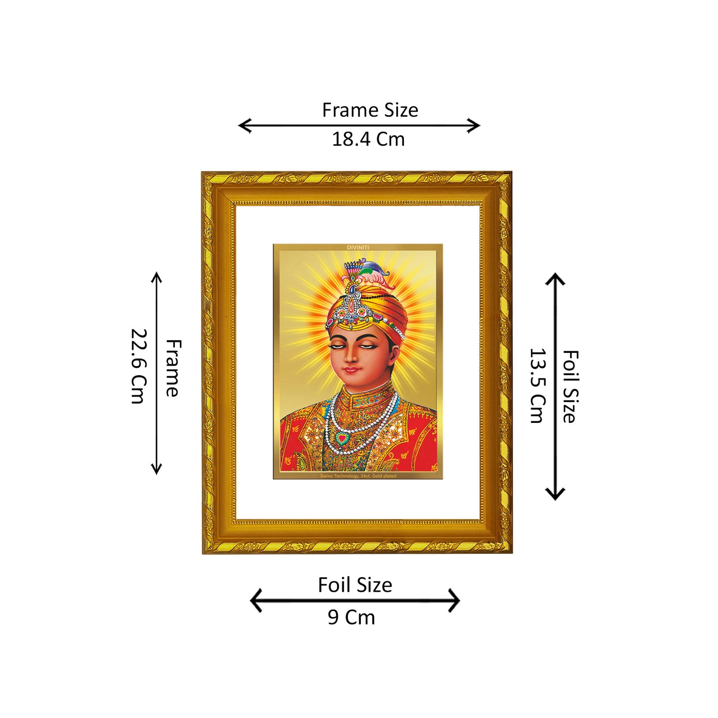 DIVINITI 24K Gold Plated Foil Guru Harkrishan Wooden Photo Frame for Home Decor, Puja Room, Table Top, Wall Hanging, Workshop, Gift | DG103 Size 2 (22.6x18.4 CM)