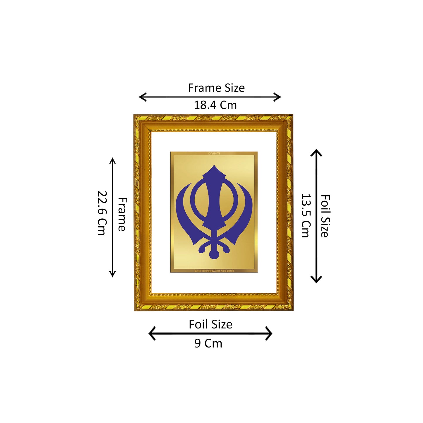 DIVINITI 24K Gold Plated Foil Khanda Sahib Wooden Photo Frame for Home Decor, Puja Room, Table Top, Wall Hanging, Workshop, Gift | DG103 Size 2 (22.6x18.4 CM)