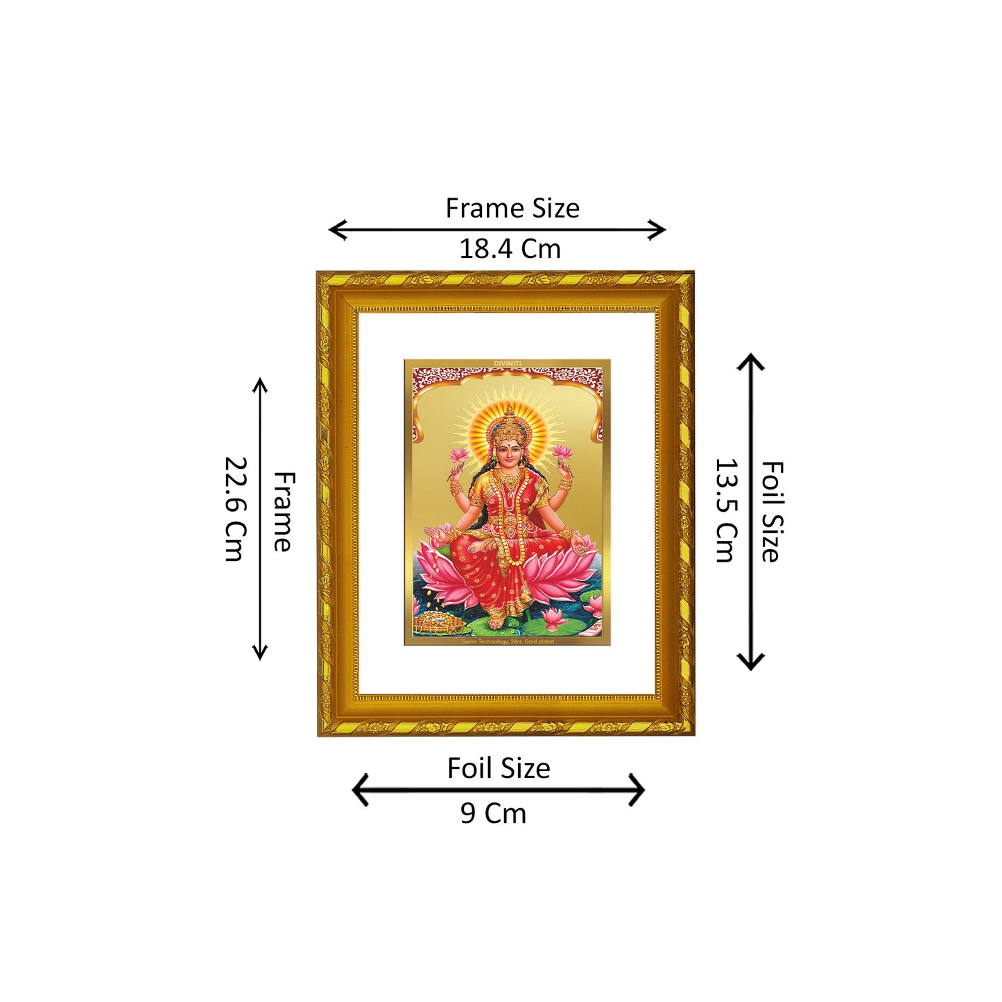 DIVINITI 24K Gold Plated Foil Goddess Lakshmi Wooden Photo Frame Idol for Home Decor, Table Top, Wall Hanging, Workshop, Gift | DG103 Size 2 (22.6x18.4 CM)