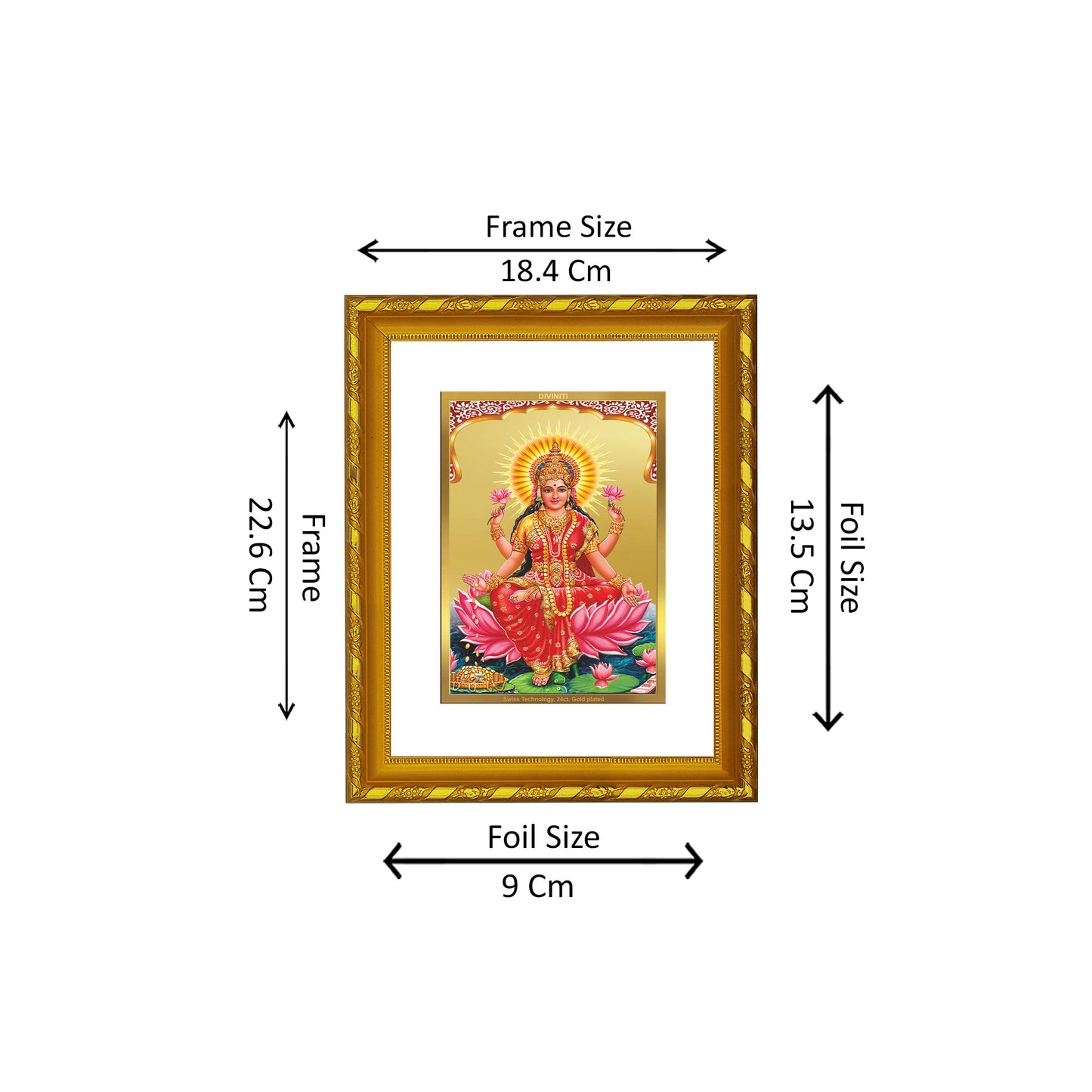 DIVINITI 24K Gold Plated Foil Goddess Lakshmi Photo Frame Idol for Home Wall Decor, Workshop, Table Top, Gift|DG103 Size 2 (22.6x18.4 CM)