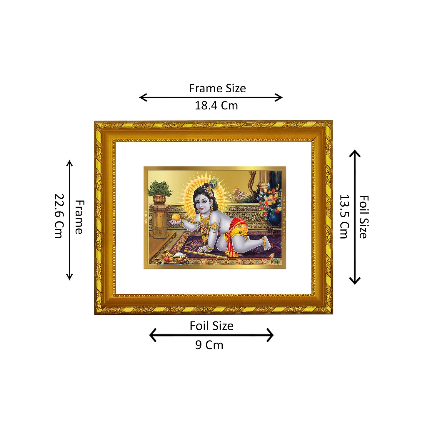 DIVINITI 24K Gold Plated Foil Laddu Gopal Photo Frame for Puja Room, Home Wall Decor, Workshop, Table Top, Premium Gift|DG103 Size 2 (22.6x18.4 CM)