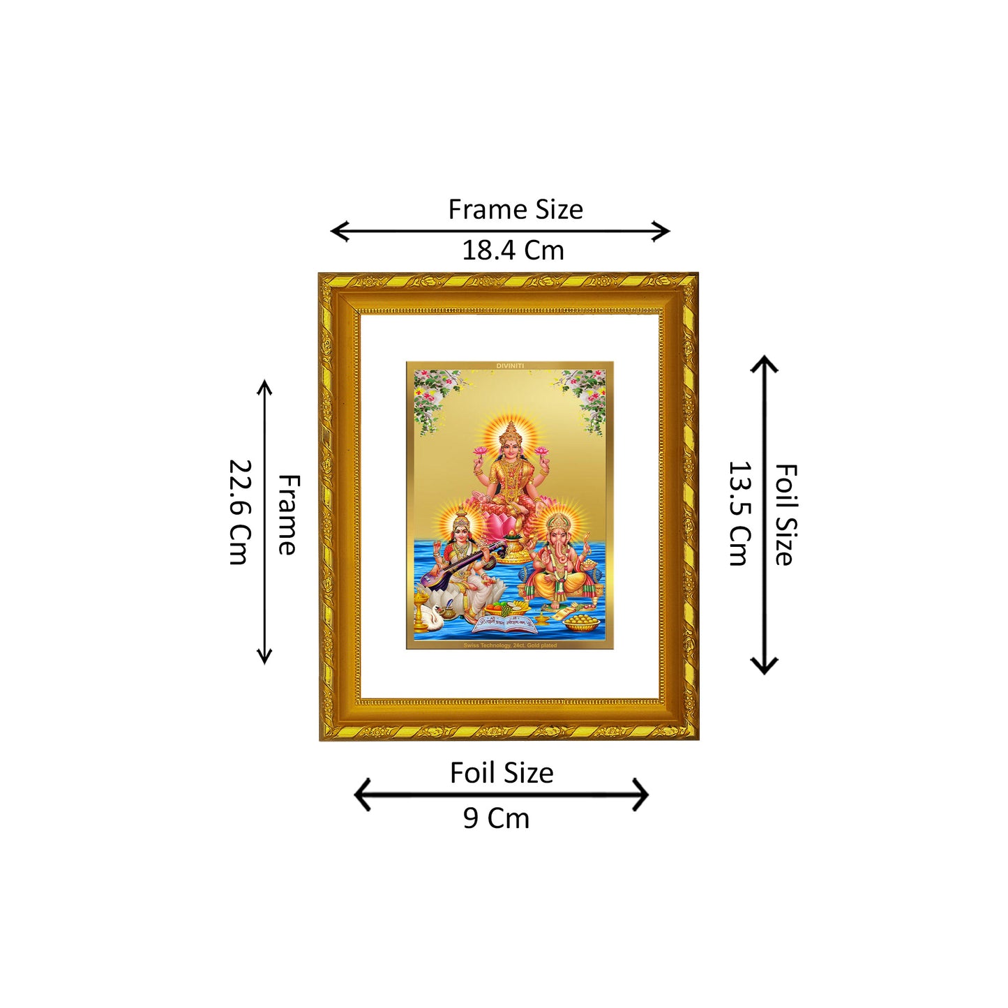 DIVINITI 24K Gold Plated Foil Lakshmi Ganesha Saraswati Photo Frame Idol for Home & Office Decor, Wall Hanging, Workshop, Table Top, Gift|DG103 Size 2 (22.6x18.4 CM)