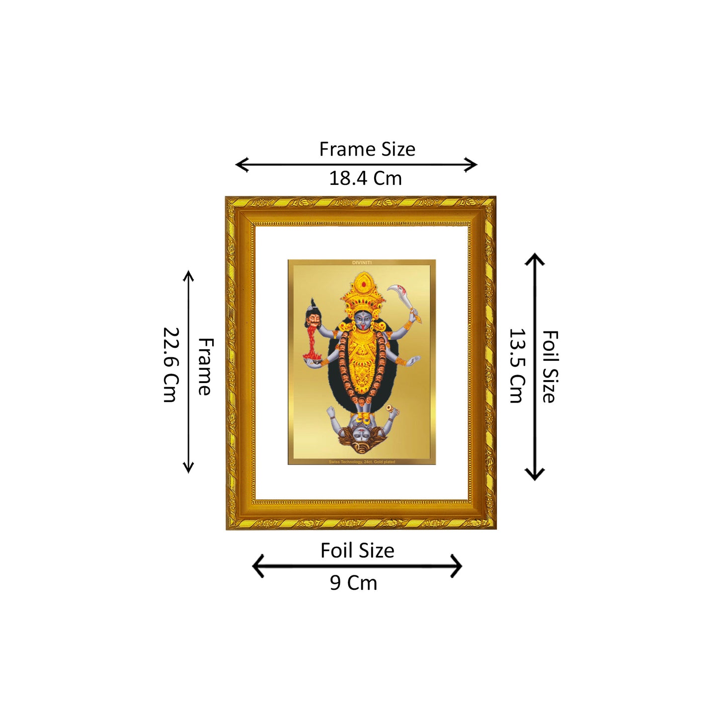 DIVINITI 24K Gold Plated Foil Maa Kali Photo Frame Idol for Home Decor, Puja Room, Table Top, Wall Hanging, Workshop, Gift|DG103 Size 2 (22.6x18.4 CM)