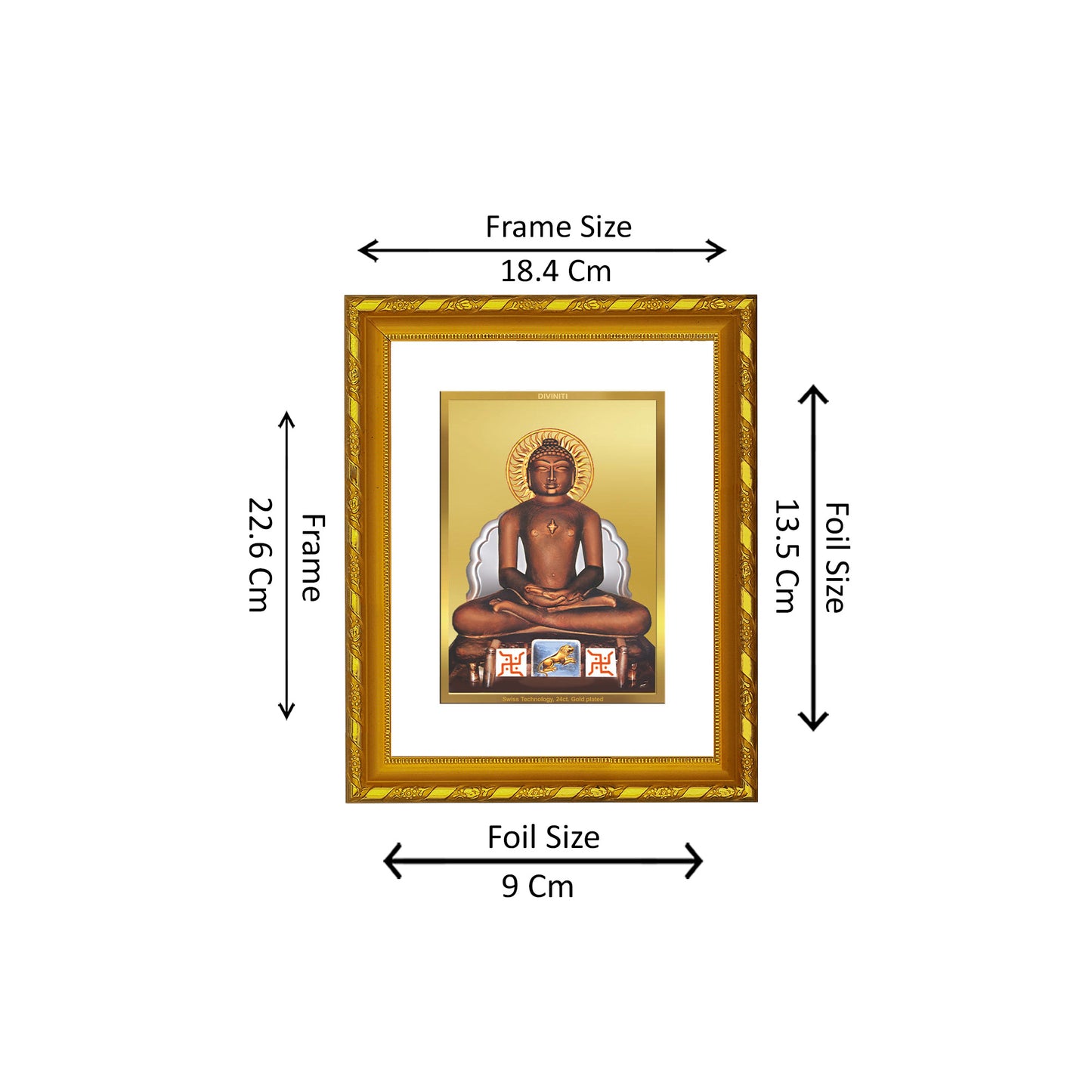 DIVINITI 24K Gold Plated Foil Mahavira Wooden Photo Frame Idol for Wall Hanging, Workshop, Table Top, Home Decor, Gift | DG103 Size 2 (22.6x18.4 CM)