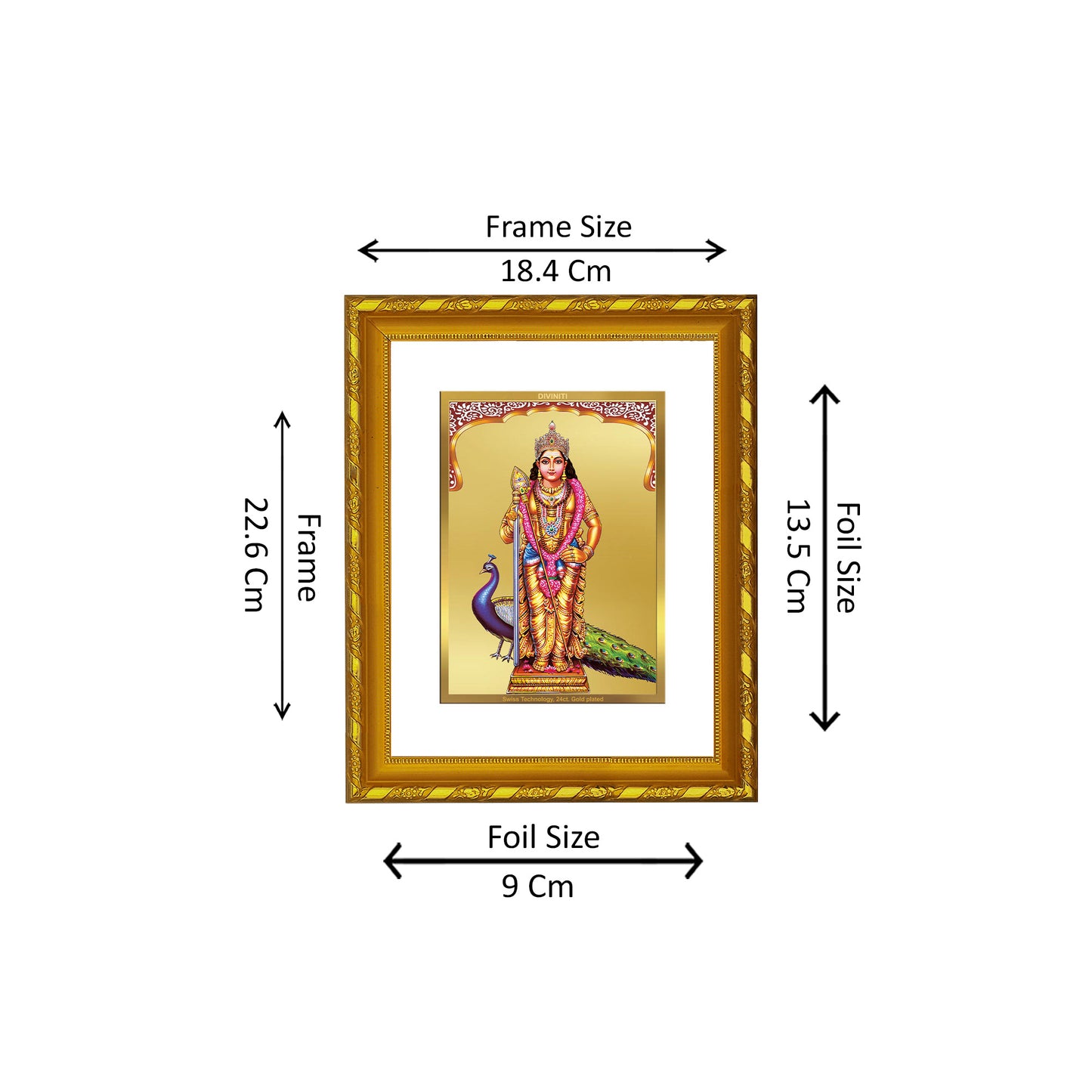 DIVINITI 24K Gold Plated Foil Murugan Photo Frame Idol for Home & Office Decor, Wall Hanging, Workshop, Table Top, Gift|DG103 Size 2 (22.6x18.4 CM)