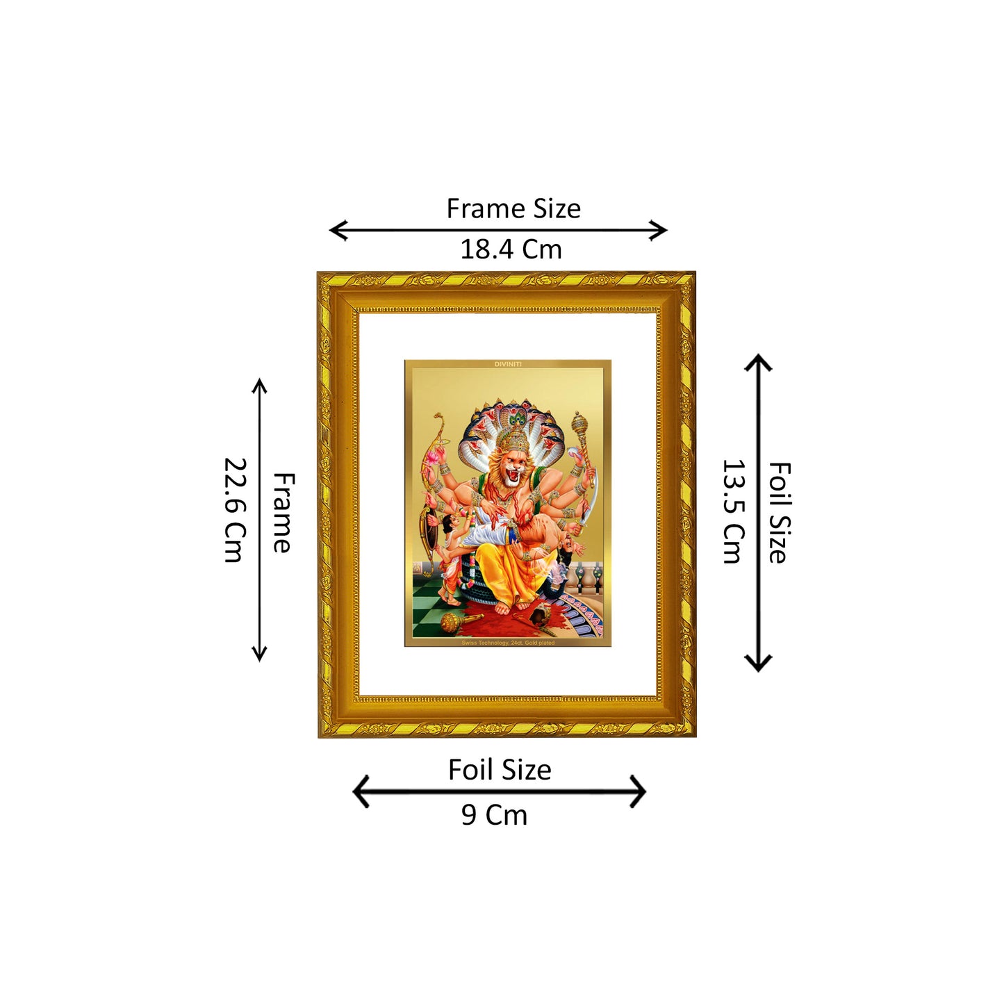 DIVINITI 24K Gold Plated Foil Narsimha Photo Frame Idol for Home Decor, Puja Room, Table Top, Wall Hanging, Workshop, Luxurious Gift|DG103 Size 2 (22.6x18.4 CM)