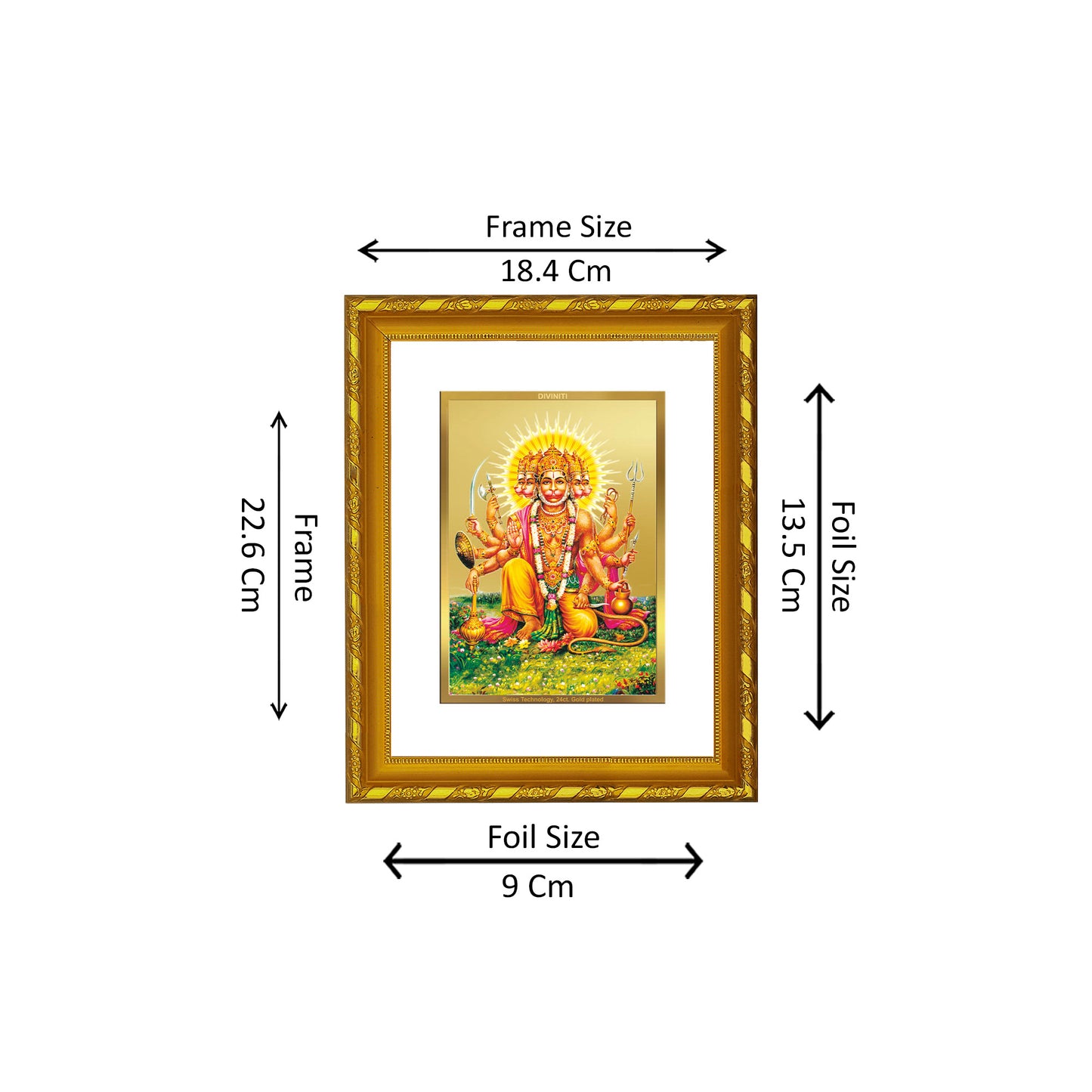 DIVINITI 24K Gold Plated Foil Panchmukhi Hanuman Photo Frame for Home Decor, Puja Room, Table Top, Wall Hanging, Workshop, Luxurious Gift|DG103 Size 2 (22.6x18.4 CM)