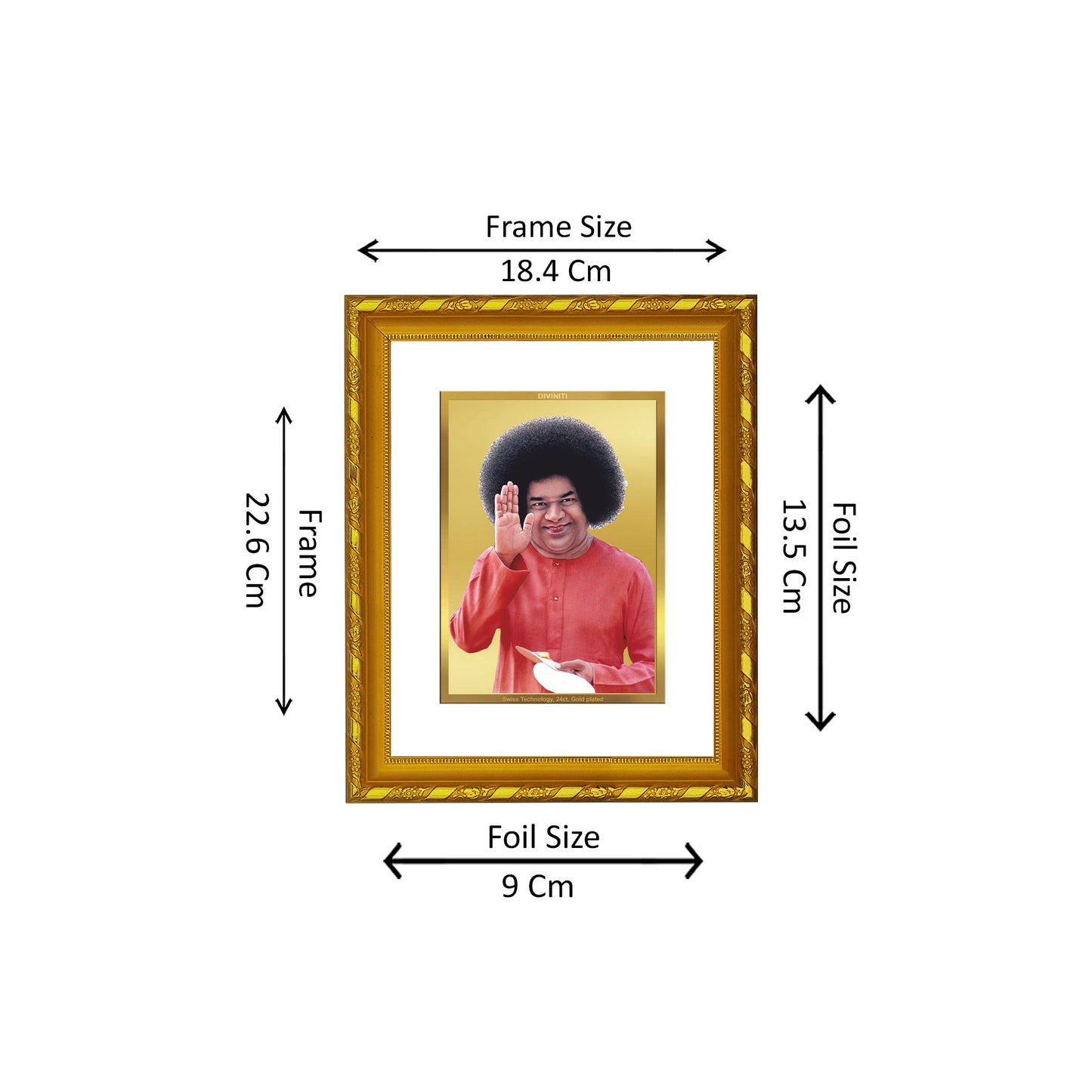 DIVINITI 24K Gold Plated Foil Sathya Sai Baba Photo Frame for Home & Office Decor, Wall Hanging, Workshop, Table Top, Gift|DG103 Size 2 (22.6x18.4 CM)