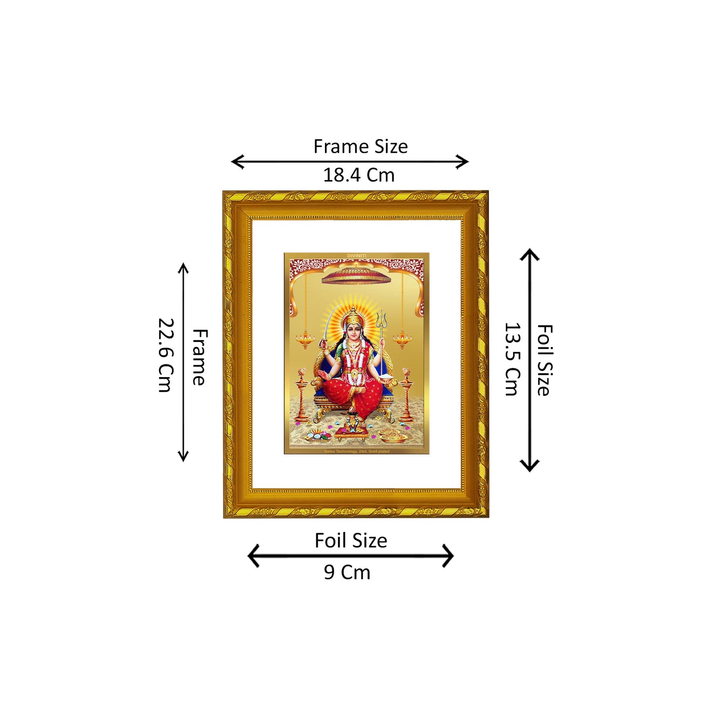 DIVINITI 24K Gold Plated Foil Santoshi Mata Photo Frame for Home Decor, Table Top, Wall Hanging, Workshop, Premium Gift|DG103 Size 2 (22.6x18.4 CM)