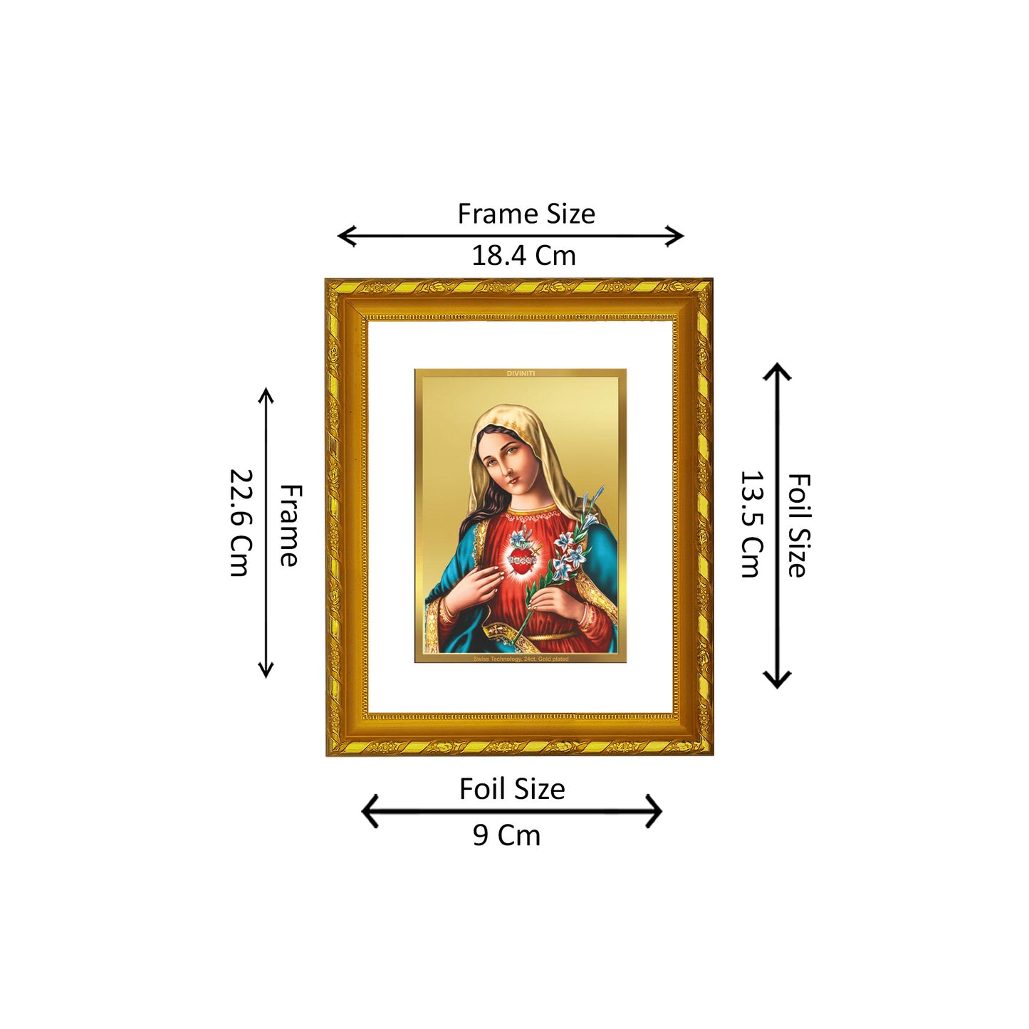 DIVINITI 24K Gold Plated Mother Mary Photo Frame Idol for Wall Hanging, Workshop, Table Top, Home Decor, Gift|DG103 Size 2 (22.6x18.4 CM)